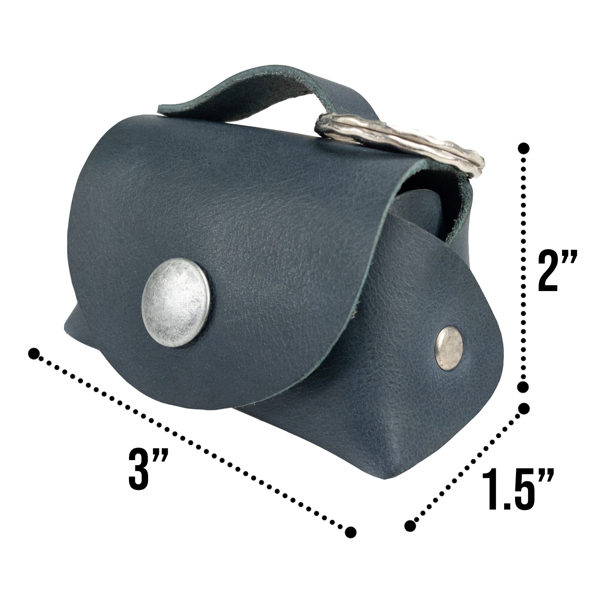 Dimensions of the Tiny Handbag Keychain by Hide & Drink highlighted with measurements showing its compact size. Made from Full Grain Leather, this artisan piece represents the best of small batch production, perfect for those who value handmade accessories from StockyardX.
