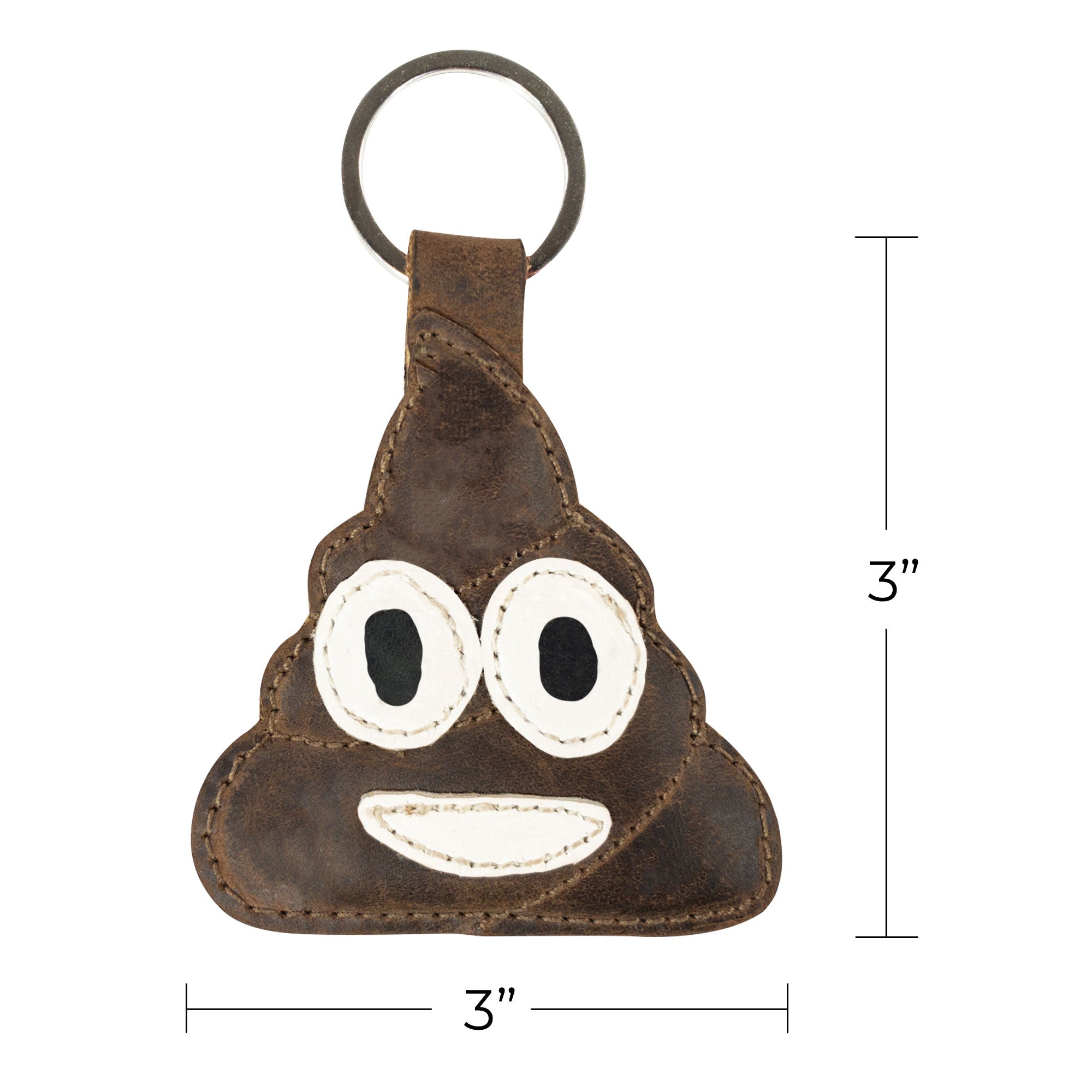 Showing dimensions of the Poop Emoji Keychain by Hide & Drink, designed in a fun poop emoji style. This unique leather keychain is perfect for charming gifts and fashionable accessories. Crafted from Full Grain Leather, it emphasizes StockyardX's dedication to Small Batch Production through expert hand-cut and hand-sewn processes. Artisan-made and fire branded, expertly crafted in La Antigua Guatemala & Oaxaca Mexico.
