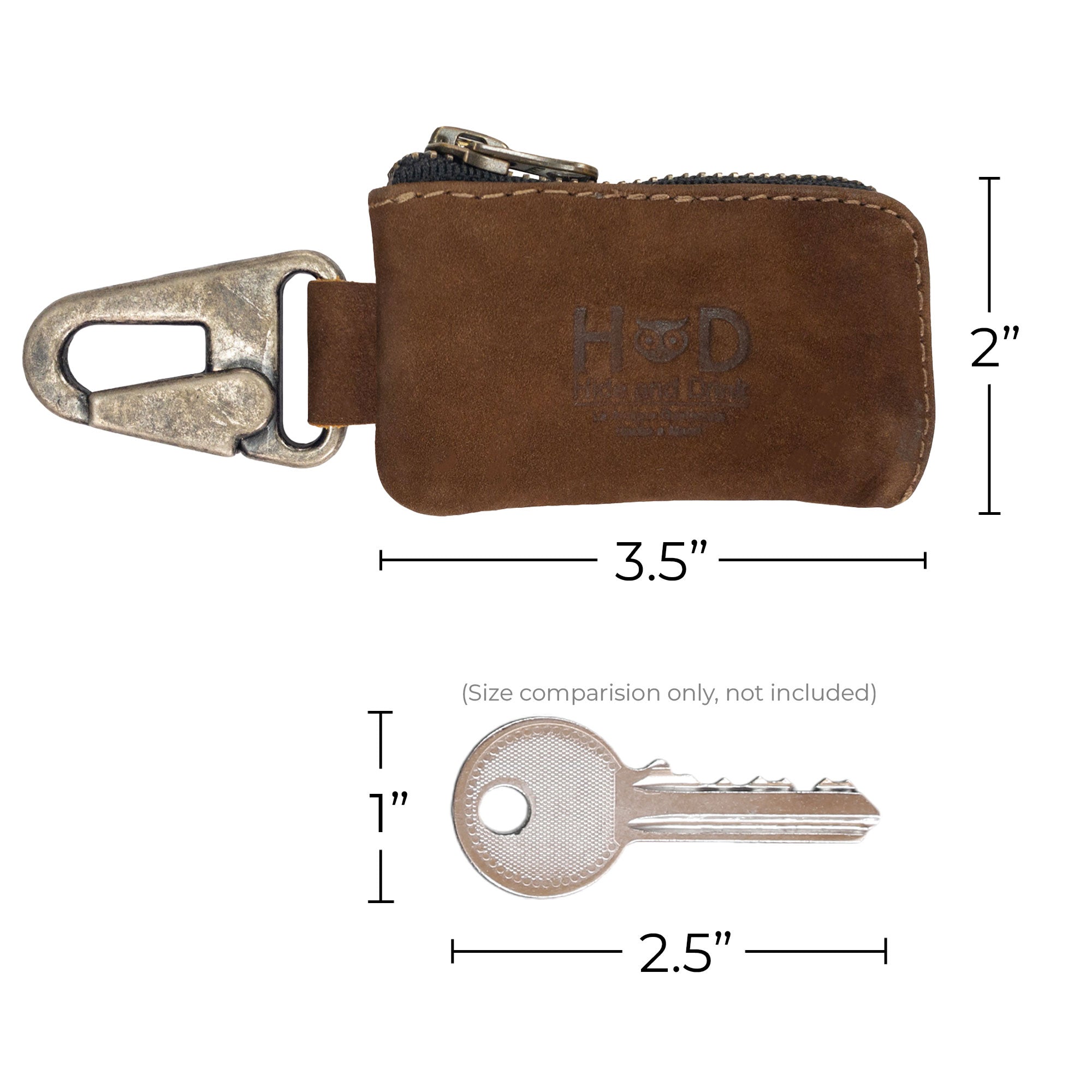 Specifications of the Car Key Holder by Hide & Drink show its functional dimensions and design. This Car Key Holder also serves as a cash zipper case, secured by a nickel metal clasp, perfect for housing headphone and charging cables, memory cards, and flash drives. Made from premium full grain leather, it highlights artisan quality through small batch production, hand cut and hand sewn techniques, handmade in La Antigua Guatemala & Oaxaca Mexico.