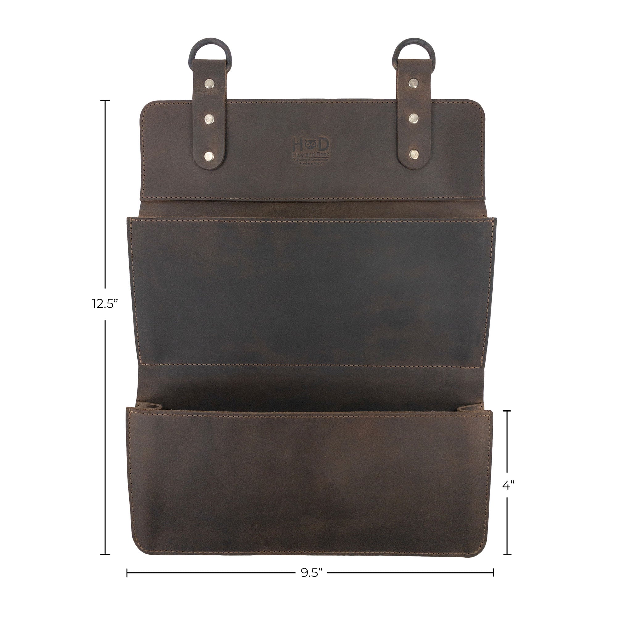 Hide & Drink Double Document Holder for Hanging with measurement details, highlighting its dimensions. This elegant piece is ideal for wall mount file storage and made from full grain leather, reflecting artisan craftsmanship, small batch production methods, hand cut, hand sewn, and fire branded, all handmade in La Antigua Guatemala & Oaxaca Mexico.
