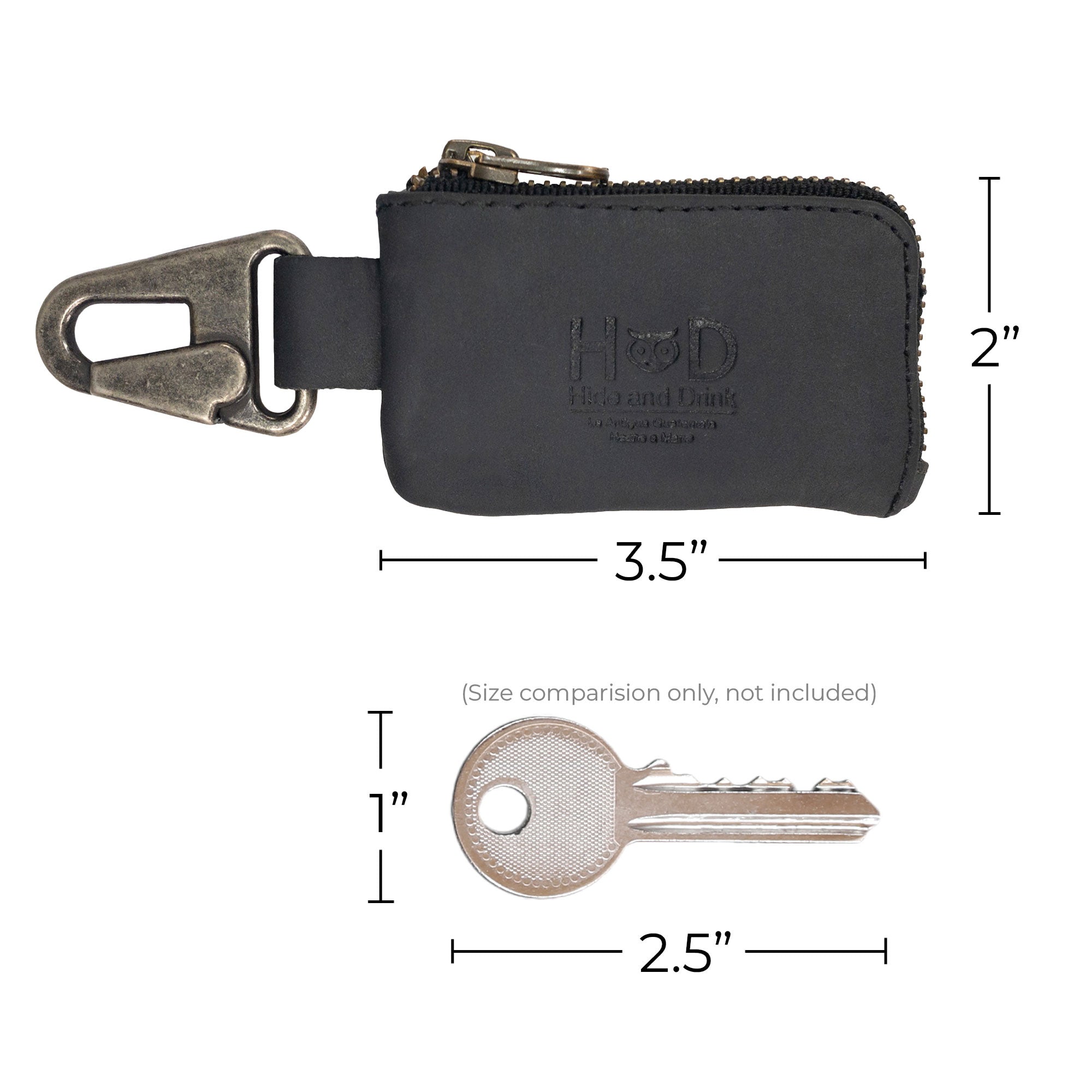 This image features the specifications of the Car Key Holder from Hide & Drink, capturing its sleek design and functionality. The Car Key Holder acts as a reliable cash zipper case with capability to secure headphone and charging cables, memory cards, and flash drives, all held by a nickel metal clasp and made of premium full grain leather. Celebrate artisan craftsmanship through small batch production, hand cut, hand sewn details, handmade in La Antigua Guatemala & Oaxaca Mexico.