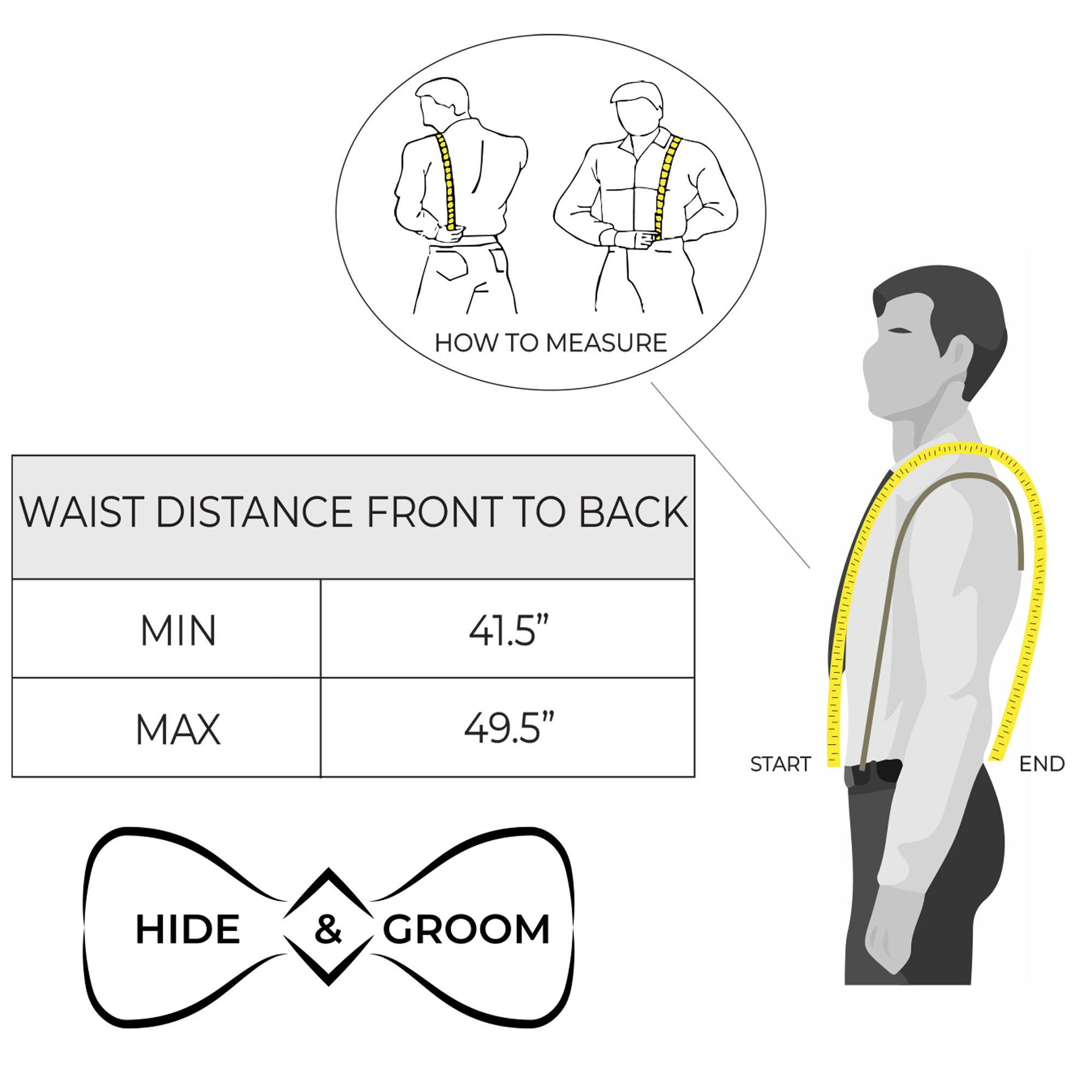Illustration on how to measure for Hide & Groom's Leather Y Back Formal Suspenders. The informative graphic helps ensure the perfect fit for these Full Grain Leather Y Back Formal Suspenders, an ideal Groom Accessory for weddings or special occasions, reflecting meticulous artisan craftsmanship.