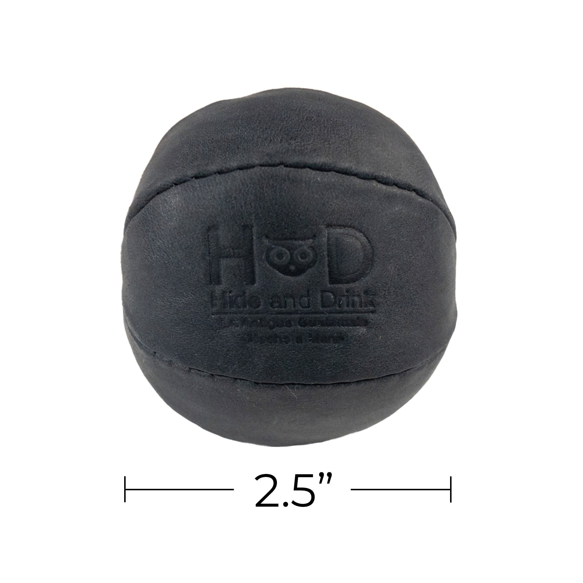 Hide & Drink black Stress Ball dimensions displayed, emphasizing its compact size of 2.5 inches for easy handling. Perfect for relieving fidgeting and anxiety, handcrafted from full grain leather in La Antigua Guatemala.