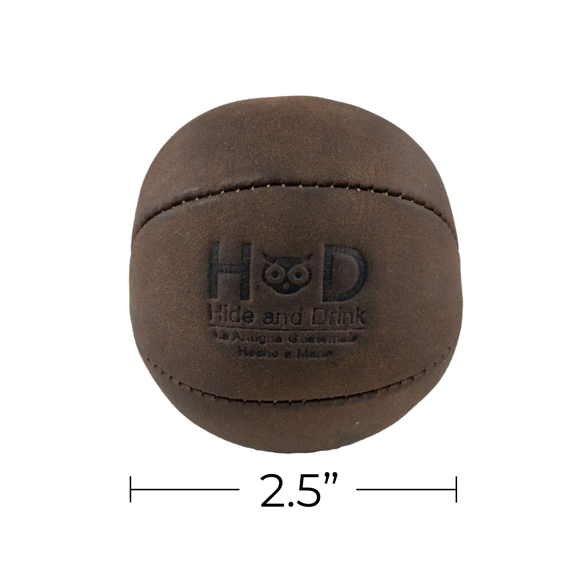 Hide & Drink Stress Ball dimensions highlighted, showcasing its practical size of 2.5 inches while serving as a squishy tension accessory. Ideal for relieving fidgeting and anxiety with classic style. Artisan crafted in La Antigua Guatemala.