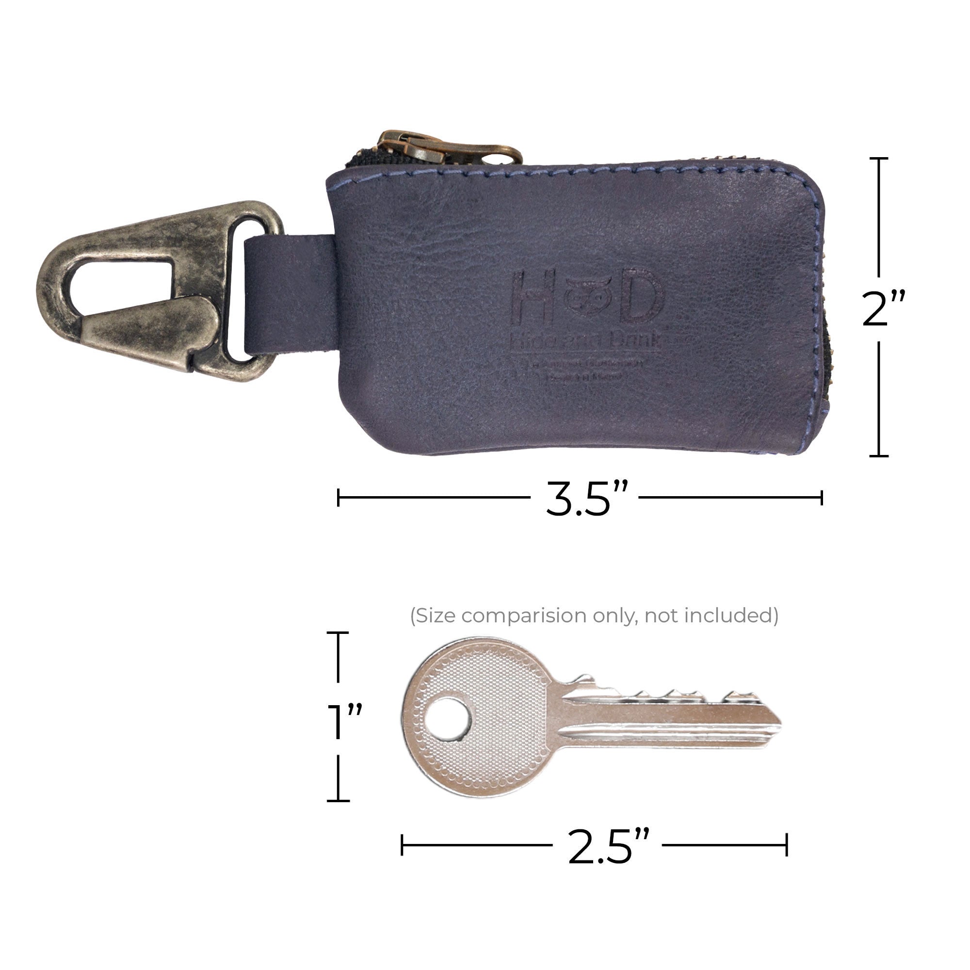 Dimensions of the Hide & Drink Car Key Holder presented, comparing it with a key, emphasizing its compact size for easy storage of cash and accessories like charging cables and memory cards, featuring a Nickel Metal Clasp. StockyardX, Small Batch Production, Hand Cut, Hand Sewn, Fire Branded, Artisan, Handmade in La Antigua Guatemala & Oaxaca Mexico.