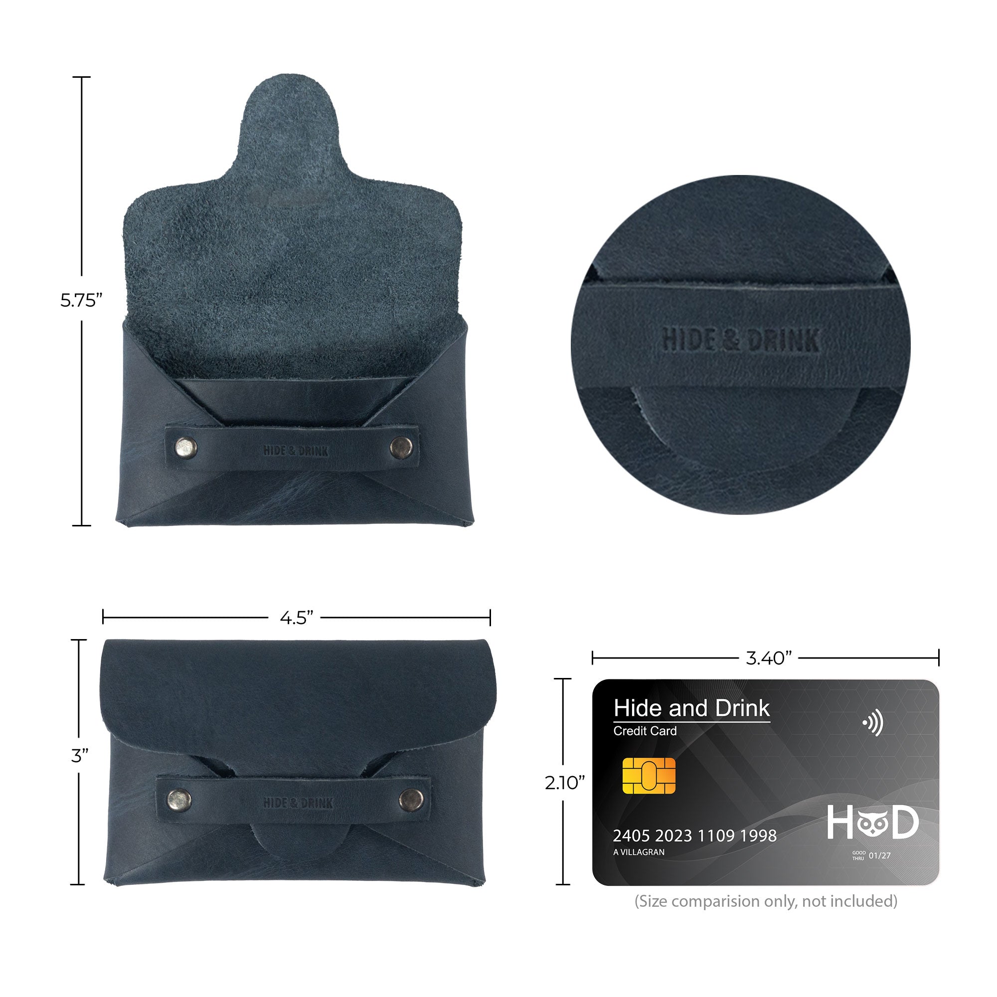 Visual dimensions of the Snapless Business Card Holder by Hide & Drink, showcasing its sleek design. This vintage wallet is perfect for both men and women, crafted from high-quality Full Grain Leather, serving as a sturdy pouch and money organizer, made with artisan skill and care in La Antigua Guatemala and Oaxaca Mexico.