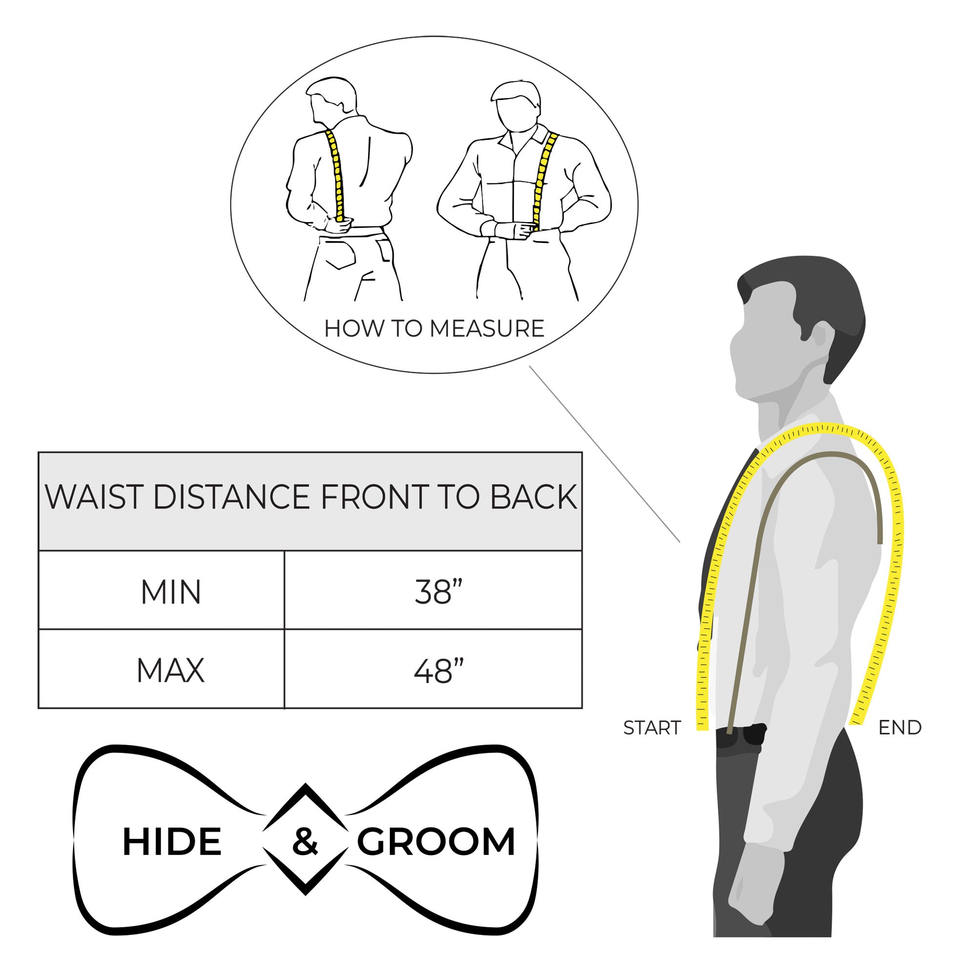 Measuring guide for Hide & Groom's Button End Suspenders, providing instructions for the perfect fit. Crafted from full grain leather, these suspenders are ideal for weddings and formal occasions. Handmade in La Antigua Guatemala by skilled artisans.