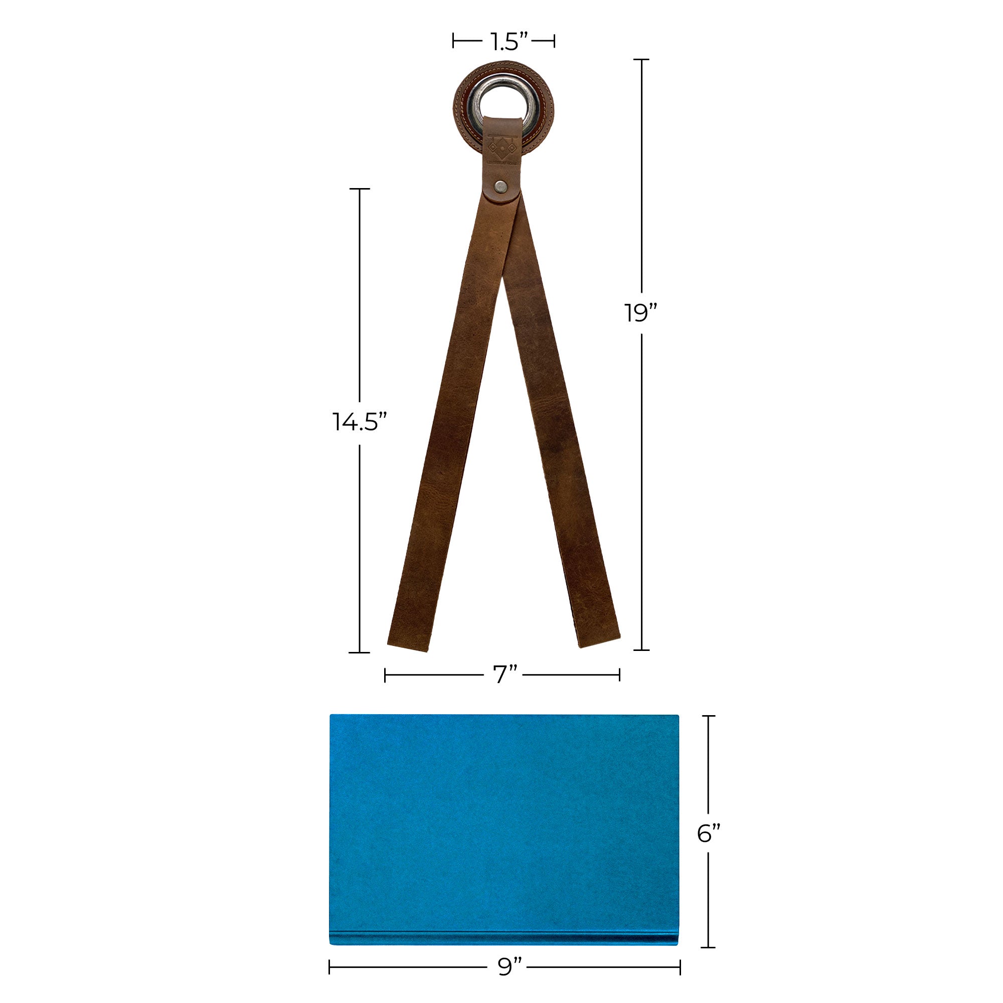 Measuring dimensions of a Book Wall Hanger made by Leather At Home, showcasing its full grain leather and unique design. This wall organizer is perfect for comics, magazines, and other reading essentials, reflecting artisan craftsmanship from La Antigua Guatemala & Oaxaca Mexico, emphasizing hand cut and hand sewn techniques.