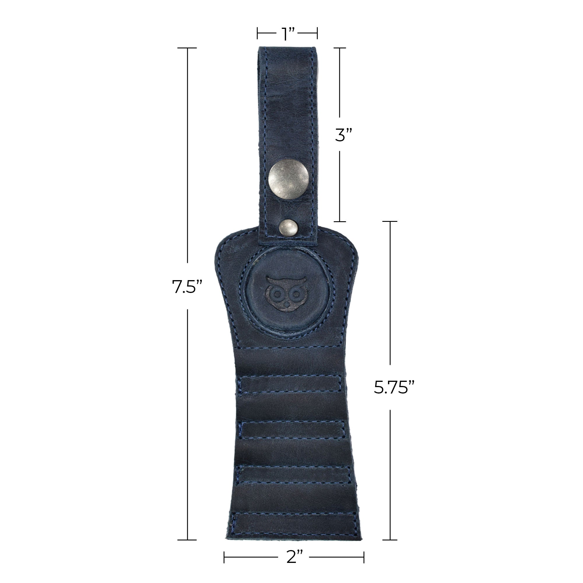 Dimensions of the navy leather Hide & Drink Golf Tee Holder, illustrating its practical size. This holder is perfect for golfers seeking convenience, made artisanally in La Antigua Guatemala.