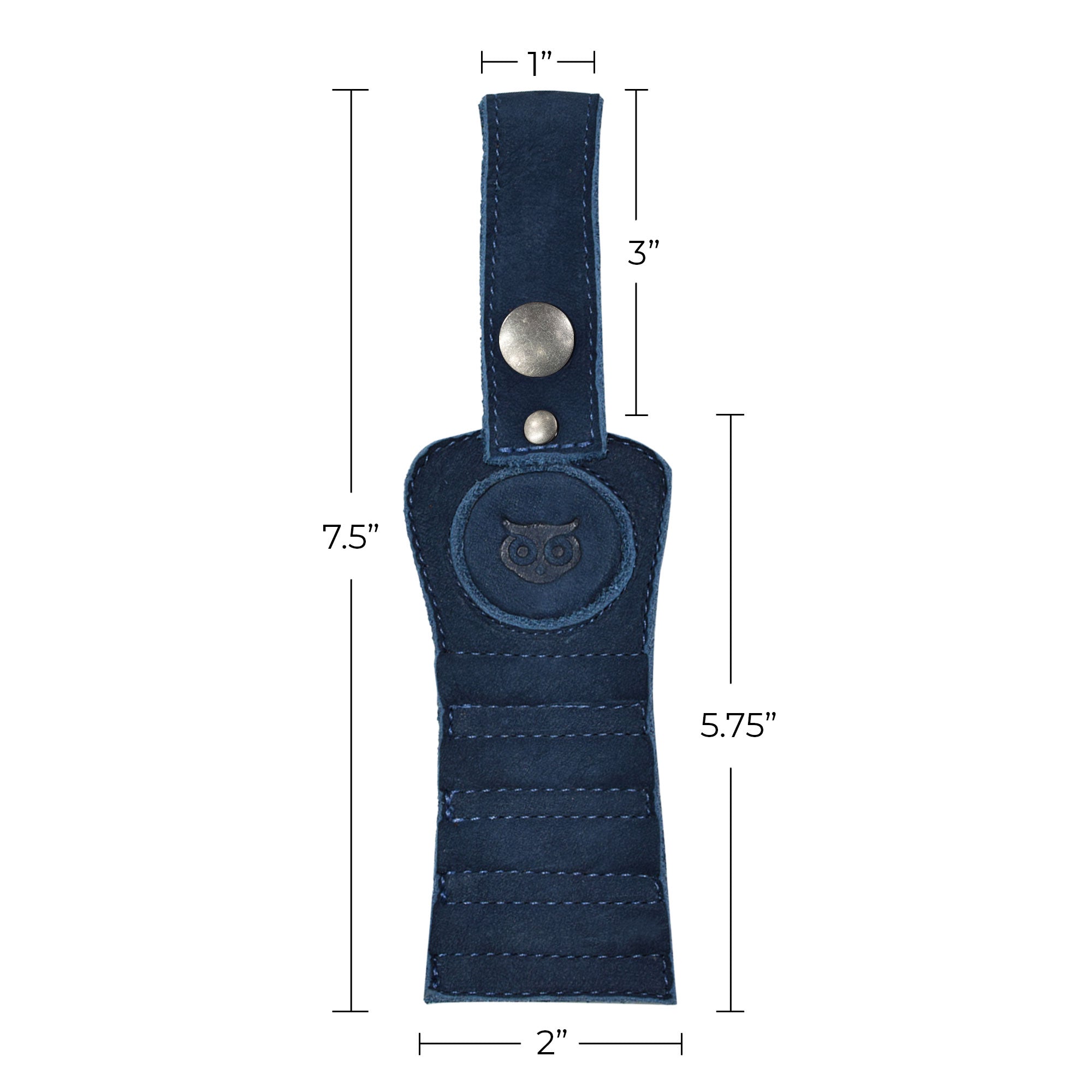 Dimensions of the blue leather Hide & Drink Golf Tee Holder, underscoring its practical design. This accessory is perfect for golfers who appreciate quality, featuring artisan craftsmanship from La Antigua Guatemala.
