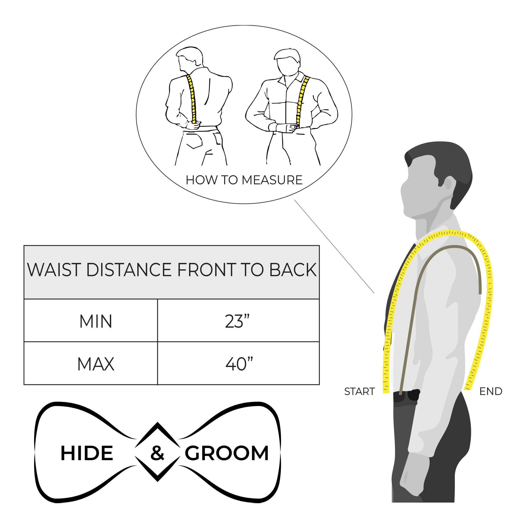 Measurement guide for Rustic Button End Suspenders by Hide & Groom, showcasing waist distance from front to back. Perfect for groomsmen, best men, and bachelors looking for stylish accessories for wedding ceremonies and dinner parties. Artisan quality made from full grain leather in La Antigua Guatemala & Oaxaca Mexico.