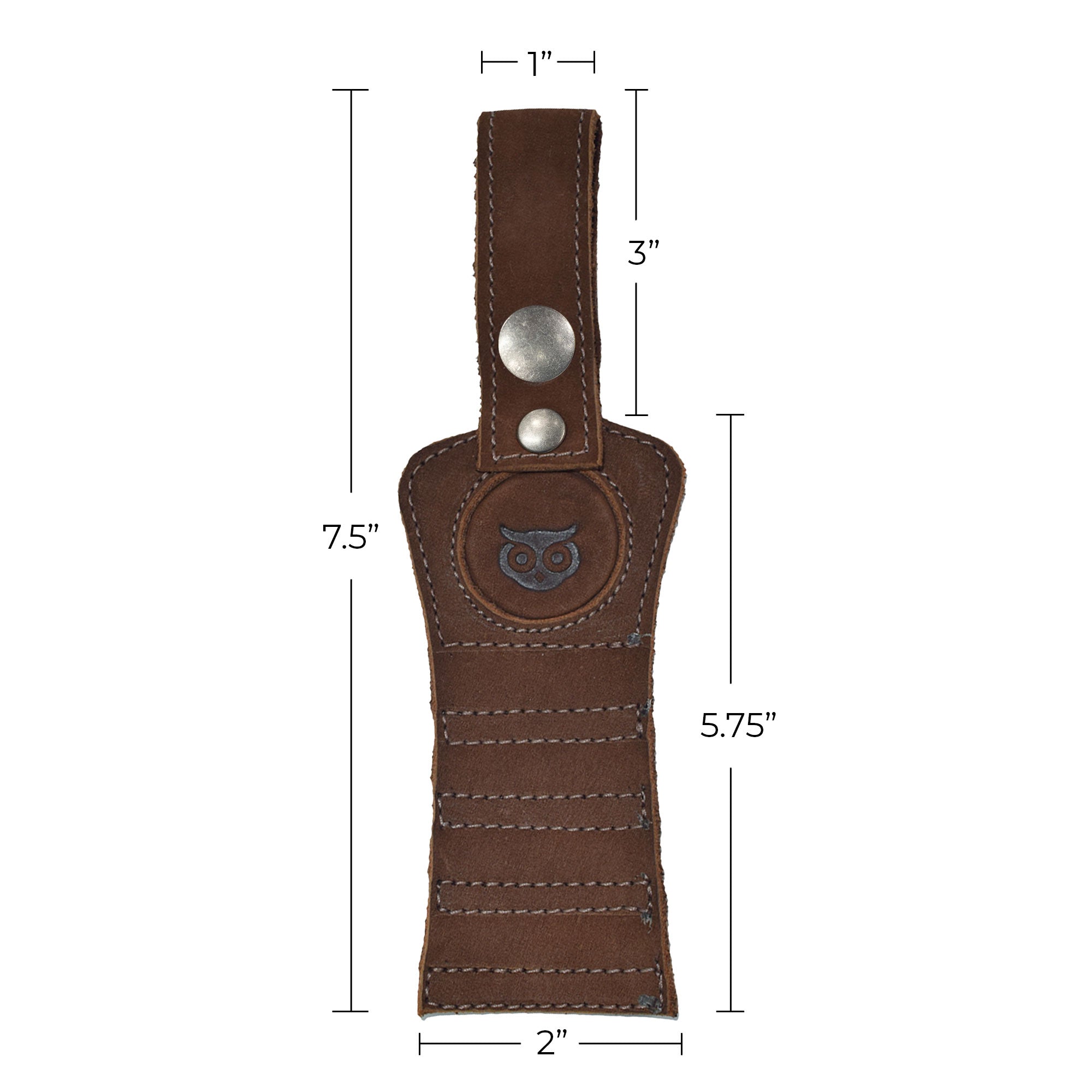 Dimensions of the bourbon brown Hide & Drink Golf Tee Holder illustrating its compact size and design. This accessory is perfect for golfers who appreciate quality, featuring artisan craftsmanship from La Antigua Guatemala.