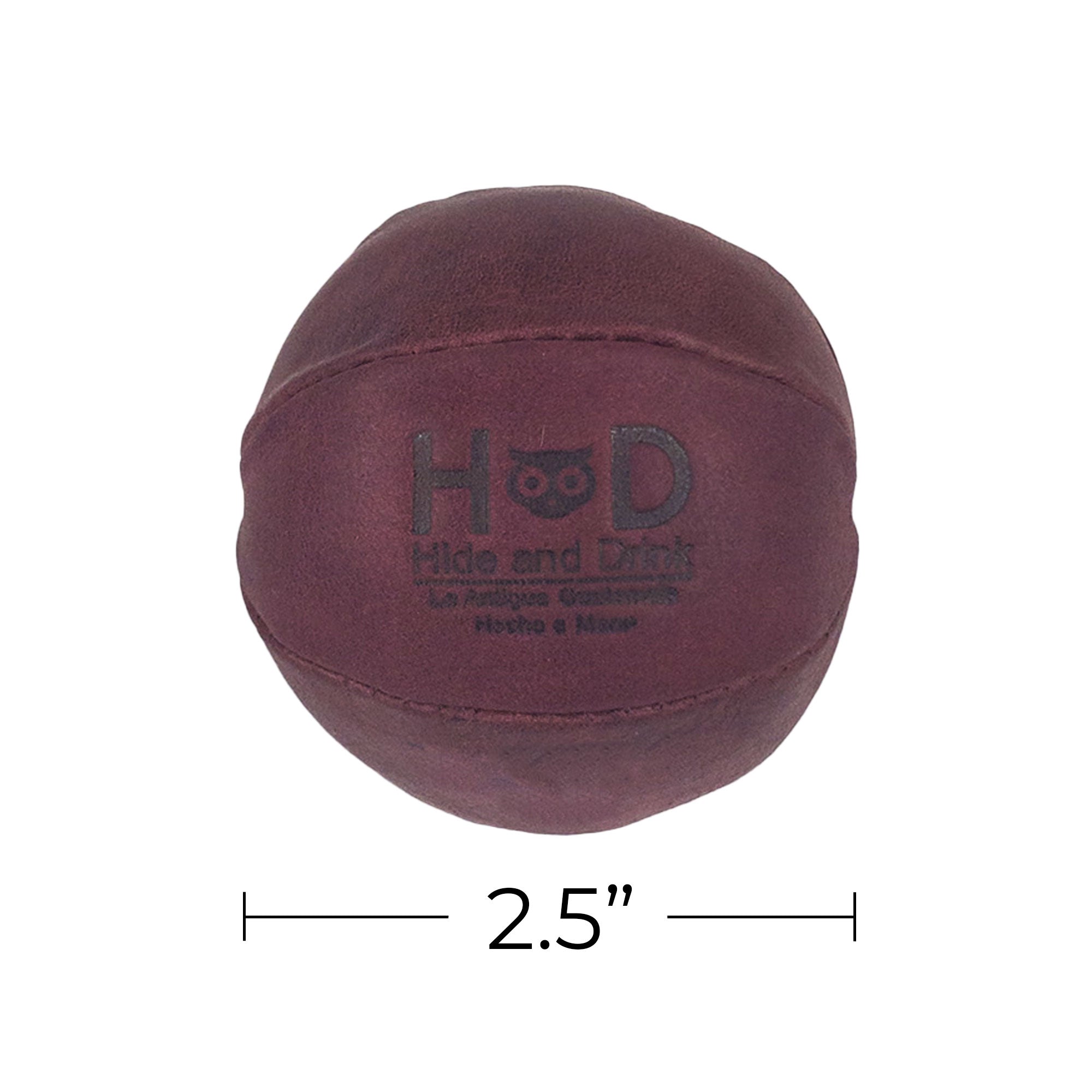 Hide & Drink maroon Stress Ball dimensions emphasized, showcasing its practical size for ease of use. Great for relieving fidgeting and anxiety with classic design, handmade from full grain leather in La Antigua Guatemala.