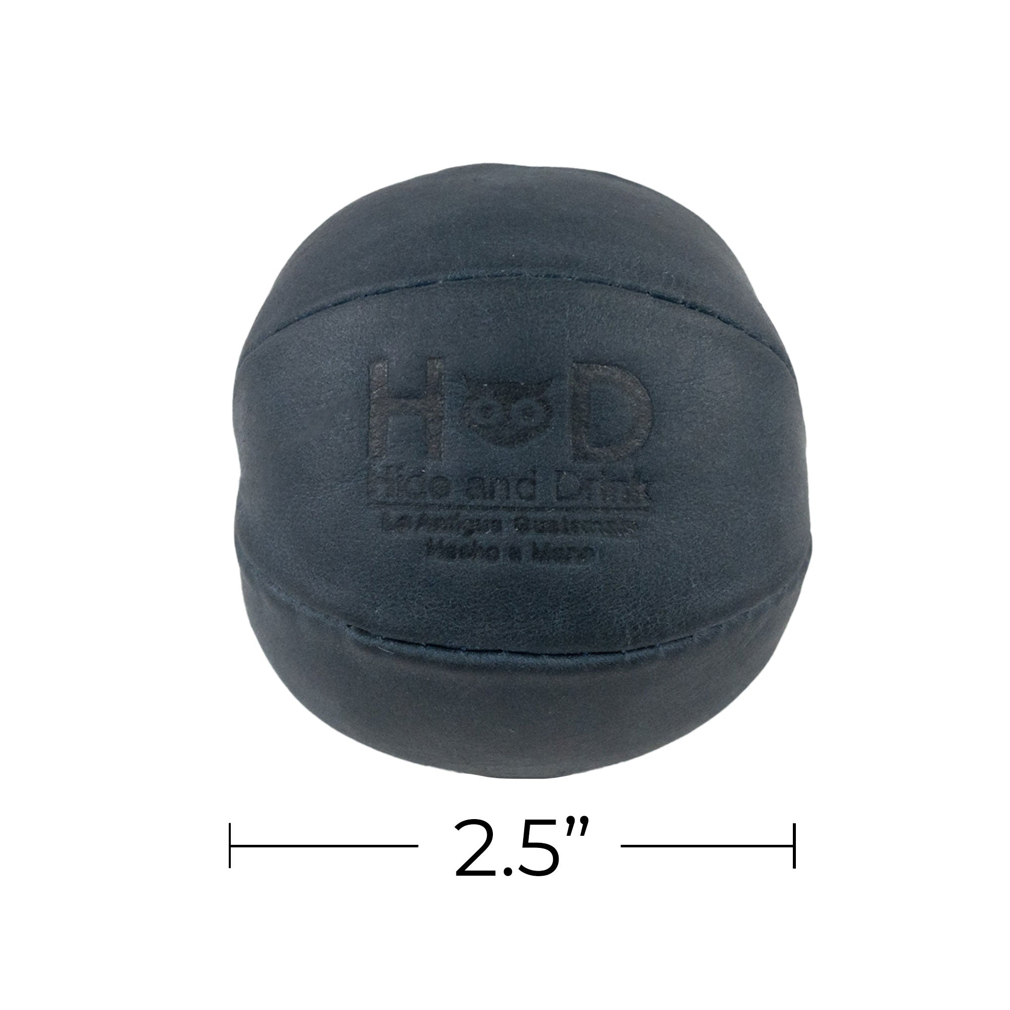 Hide & Drink navy Stress Ball released mid-air, expertly designed for relieving fidgeting and anxiety. This squishy tension accessory blends classic style with full grain leather, handmade in La Antigua Guatemala.