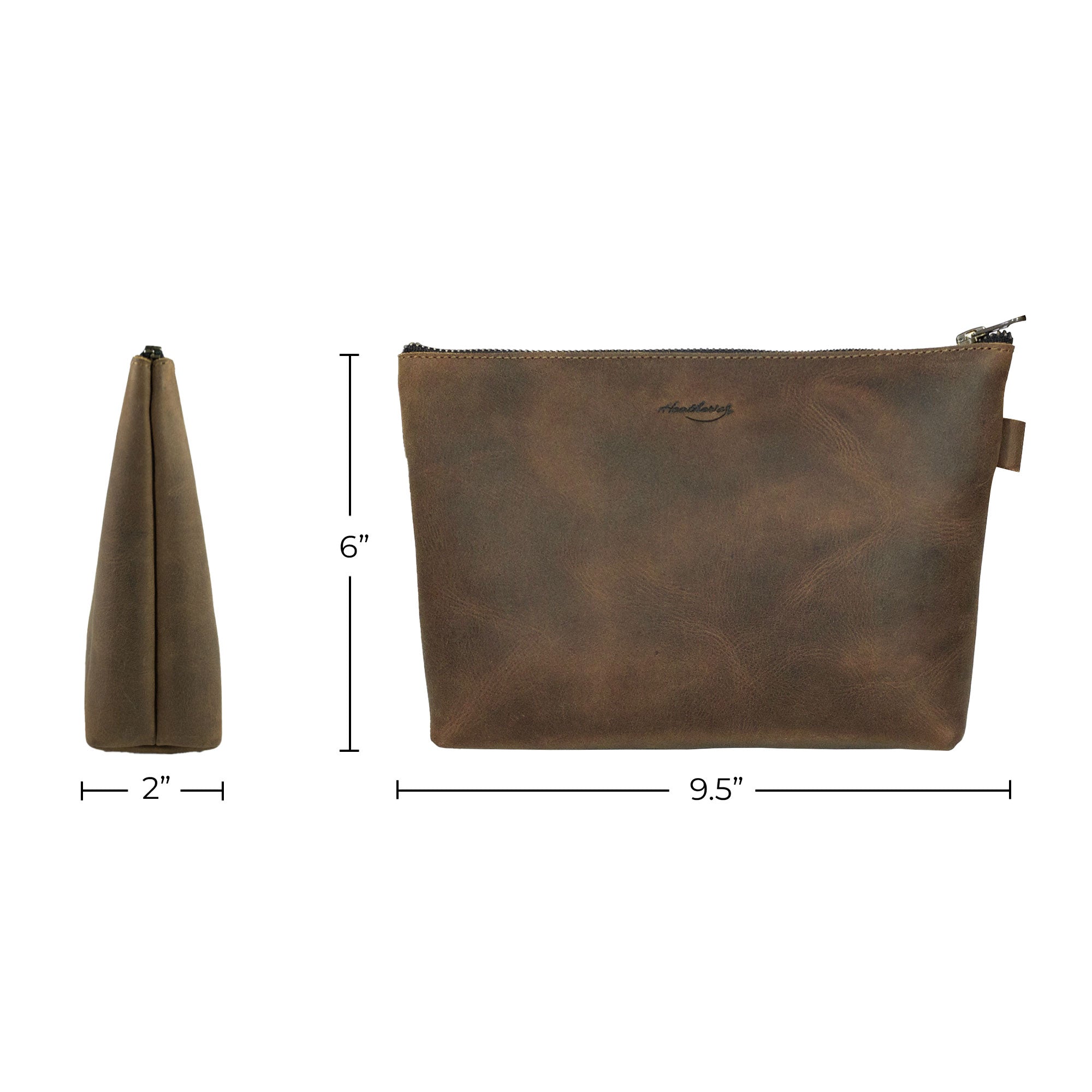 Dimensions of Heather's Clutch Bag with Strap displayed with measurements. This Full Grain Leather bag is perfect for use as a wrist wallet for cards and money, great for makeup and toiletries, showcasing artisan craftsmanship from La Antigua Guatemala & Oaxaca Mexico.