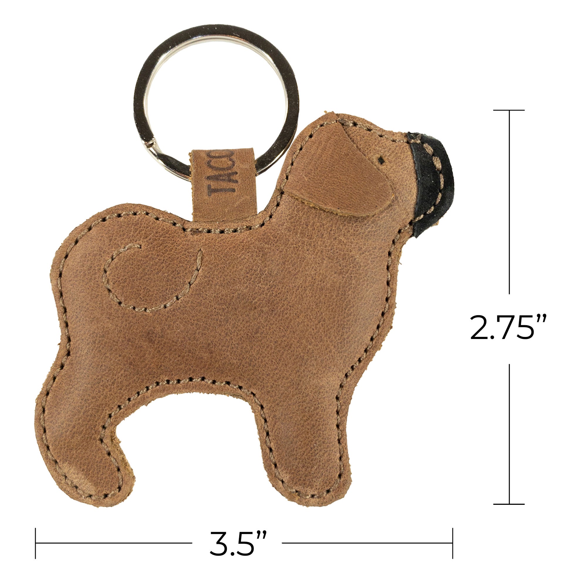 Detailed Pug Keychain from Taco Dog highlighting its functional design with size specifications. This adorable accessory is made from all-natural full grain leather and offers a rustic look, representing lightweight durability. A great gift for dog lovers, it reflects artisan techniques from La Antigua Guatemala & Oaxaca Mexico.