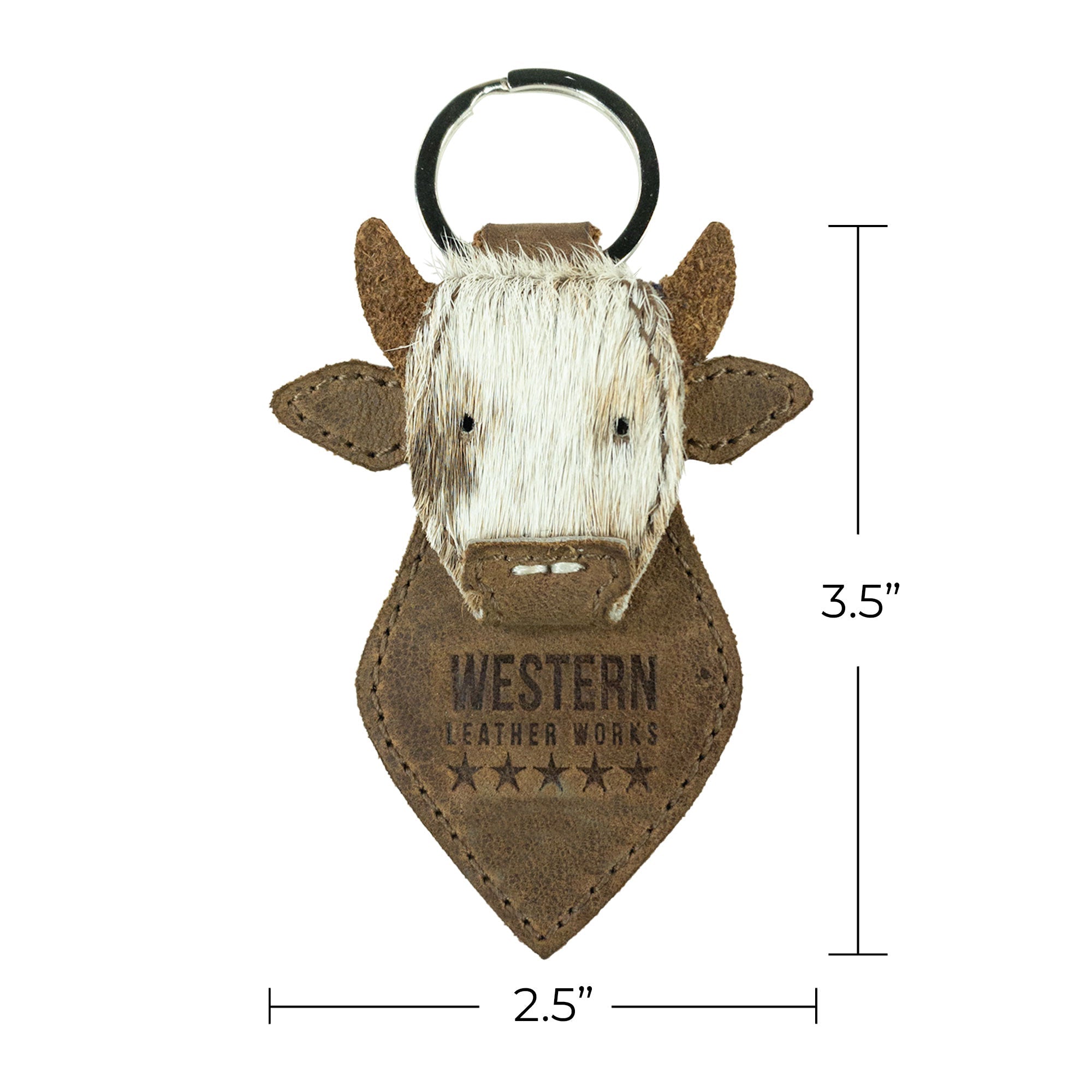 This close-up of the Cow Head Keychain by Western Leather Works highlights its detailed craftsmanship and dimensions. A perfect blend of cowboy style and practicality, this keyring is hand-sewn from full grain leather, truly embodying artisan quality from La Antigua Guatemala.