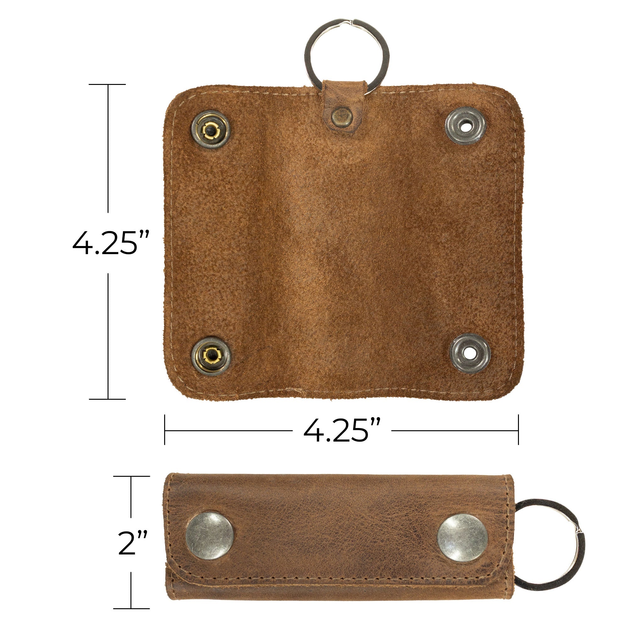A comparison of the Double Snap Key Holder by Hide & Drink, showcasing its dimensions and unique design in Full Grain Leather. This artisan key organizer is handcrafted and fire branded, reflecting the dedication to quality in small batch production from La Antigua Guatemala & Oaxaca Mexico.
