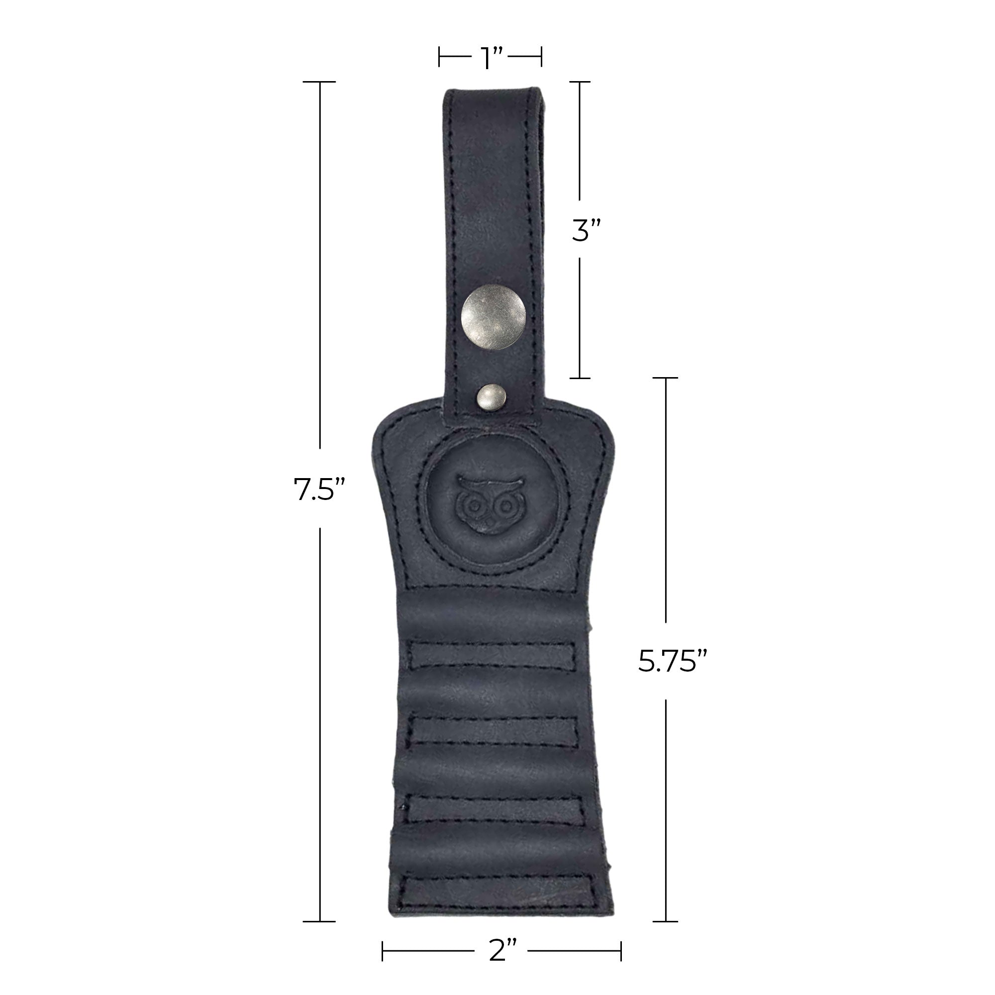 Dimensions of the black leather Hide & Drink Golf Tee Holder, detailing its compact and practical design. A perfect addition for golfers looking to keep their tees handy, crafted with artisan skill in La Antigua Guatemala.