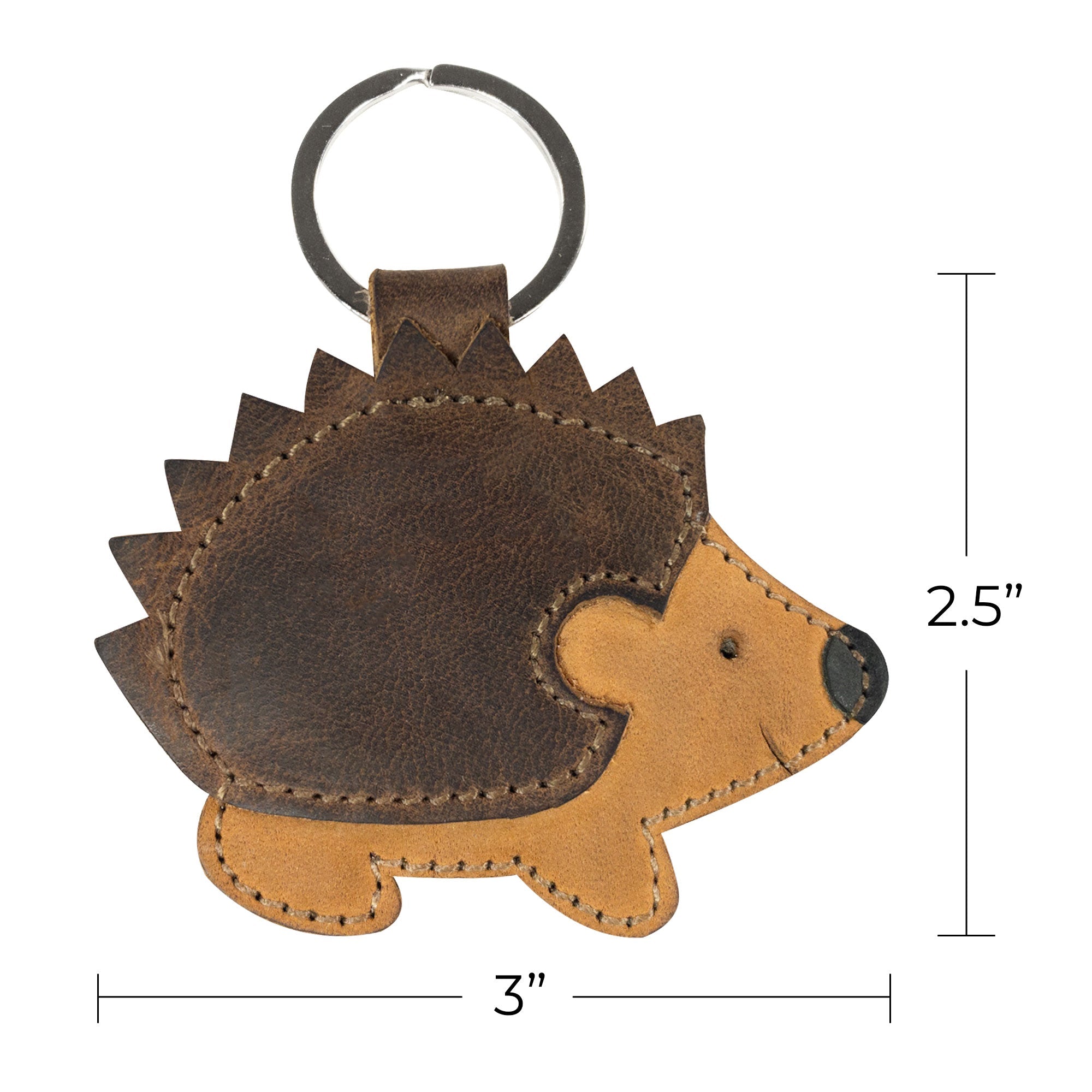 Dimensions of the Porcupine Keychain, showing its compact and cute design, making it a great accessory. Crafted by Hide & Drink from durable Full Grain Leather, this key ring holder is handmade with attention to detail, featuring small batch production and artisan techniques in La Antigua Guatemala & Oaxaca Mexico.