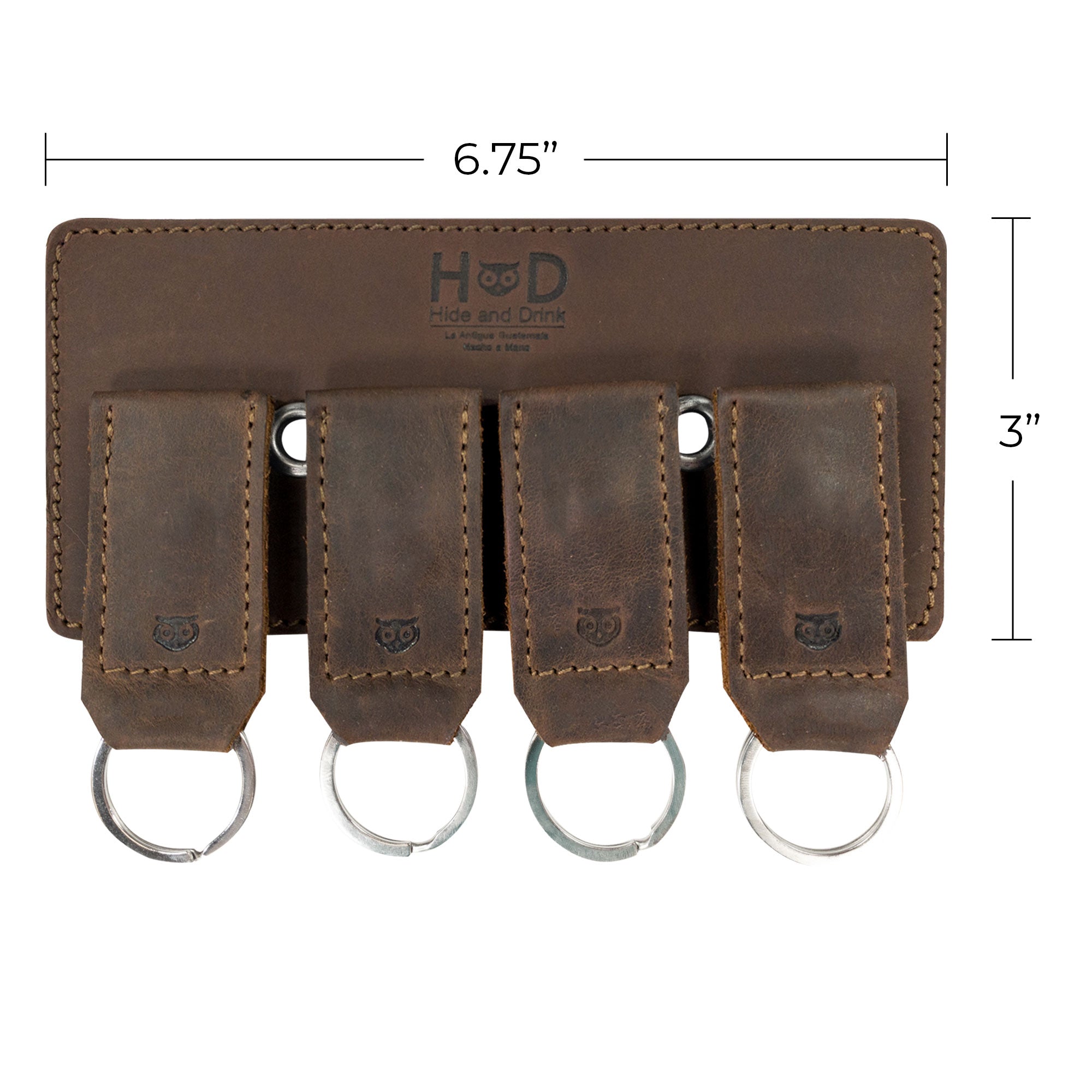 Dimensions displayed for the Magnetic Keychain Holder by Hide & Drink, showcasing its practicality and compact design. Made of full grain leather, this key organizer is both functional and stylish, reflecting small batch artisan production from La Antigua Guatemala & Oaxaca Mexico.