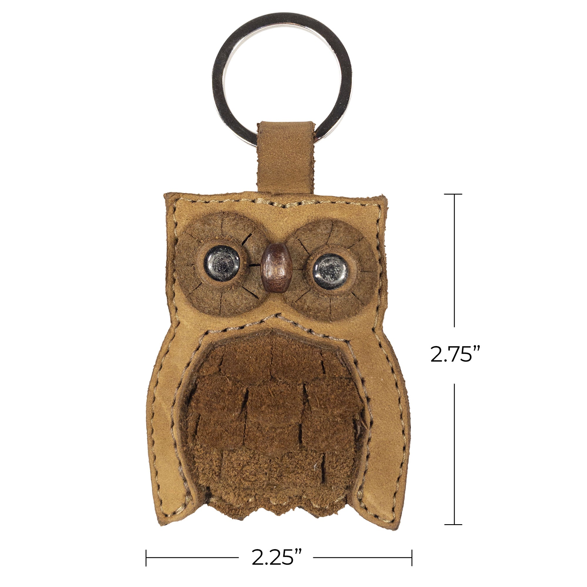 Owl Critter Key Chain from Hide & Drink, showing its dimensions and charming character. This adorable Animal Key Ring Holder is made from quality Full Grain Leather, enhancing any key setup with a fun twist. Handmade in La Antigua Guatemala & Oaxaca Mexico.