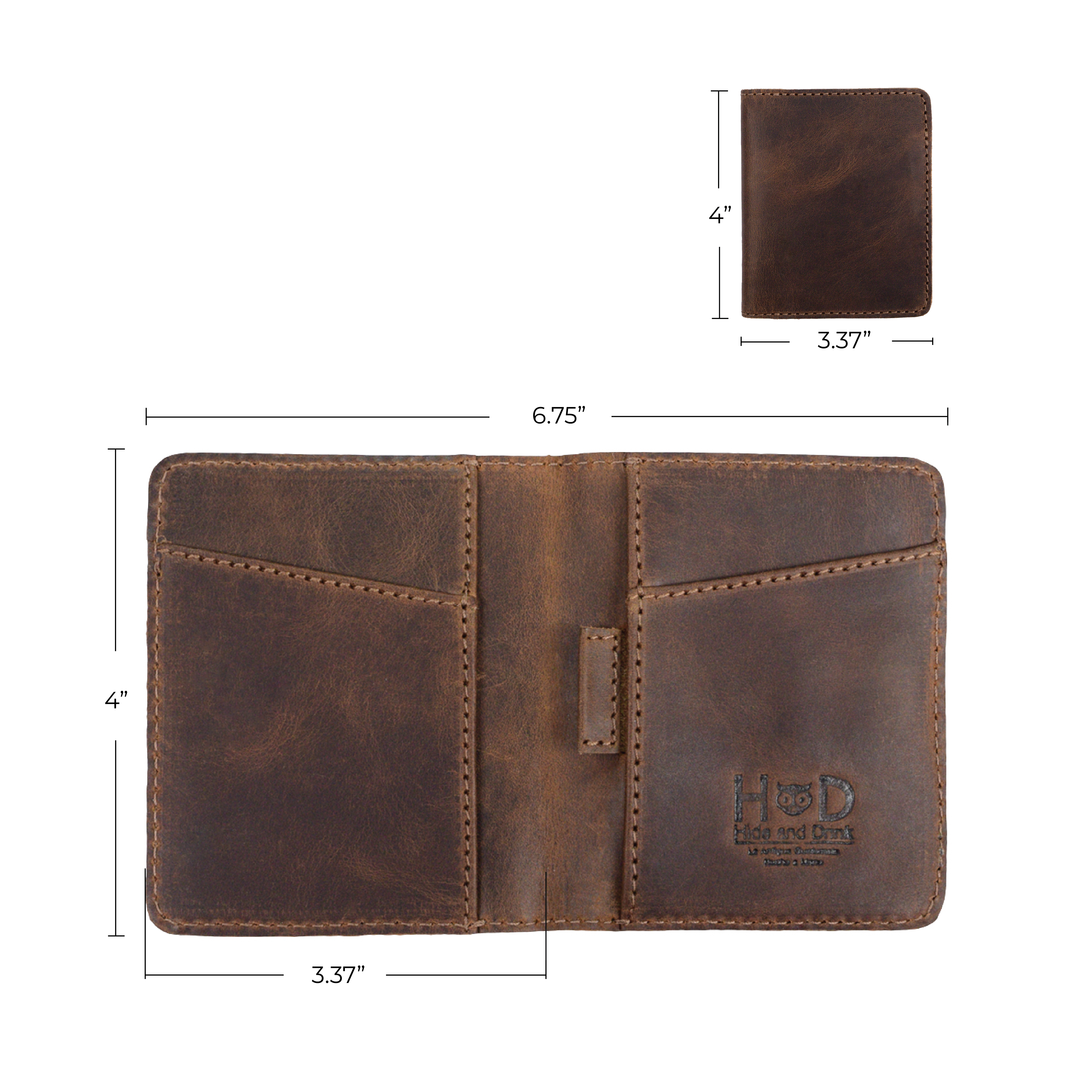 Dimensions of Hide & Drink's Minimalist Bi-fold Wallet, featuring a measurement guide for its compact design. This wallet combines functionality and style, holding up to 6 cards and folded bills, crafted from premium full grain leather through artisan techniques in La Antigua Guatemala & Oaxaca Mexico.
