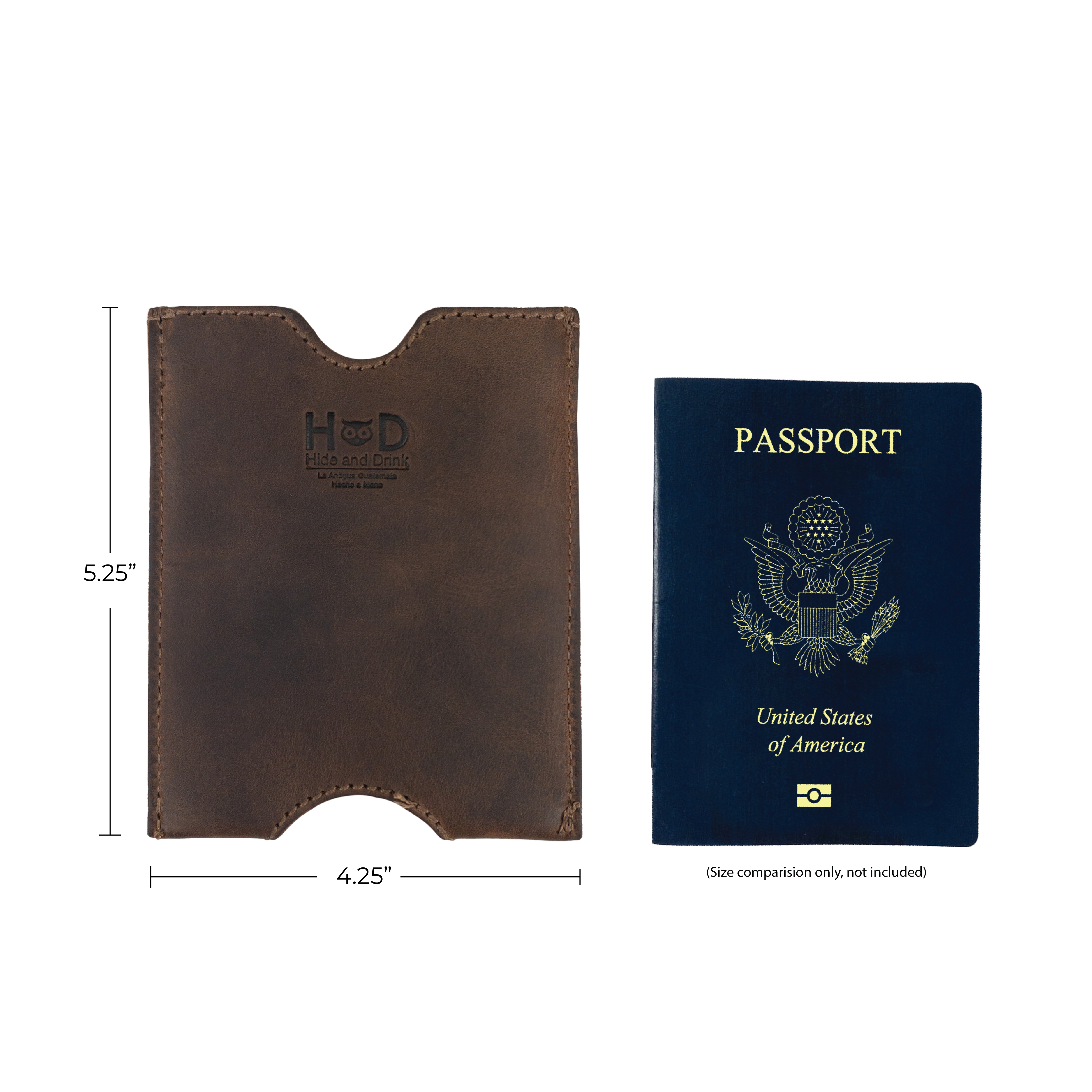 Hide & Drink Passport Sleeve with dimensions alongside a United States passport, emphasizing its ideal size. This Travel Passport Pocket Sleeve is hand sewn from Full Grain Leather, fire branded, and a testament to artisan quality.