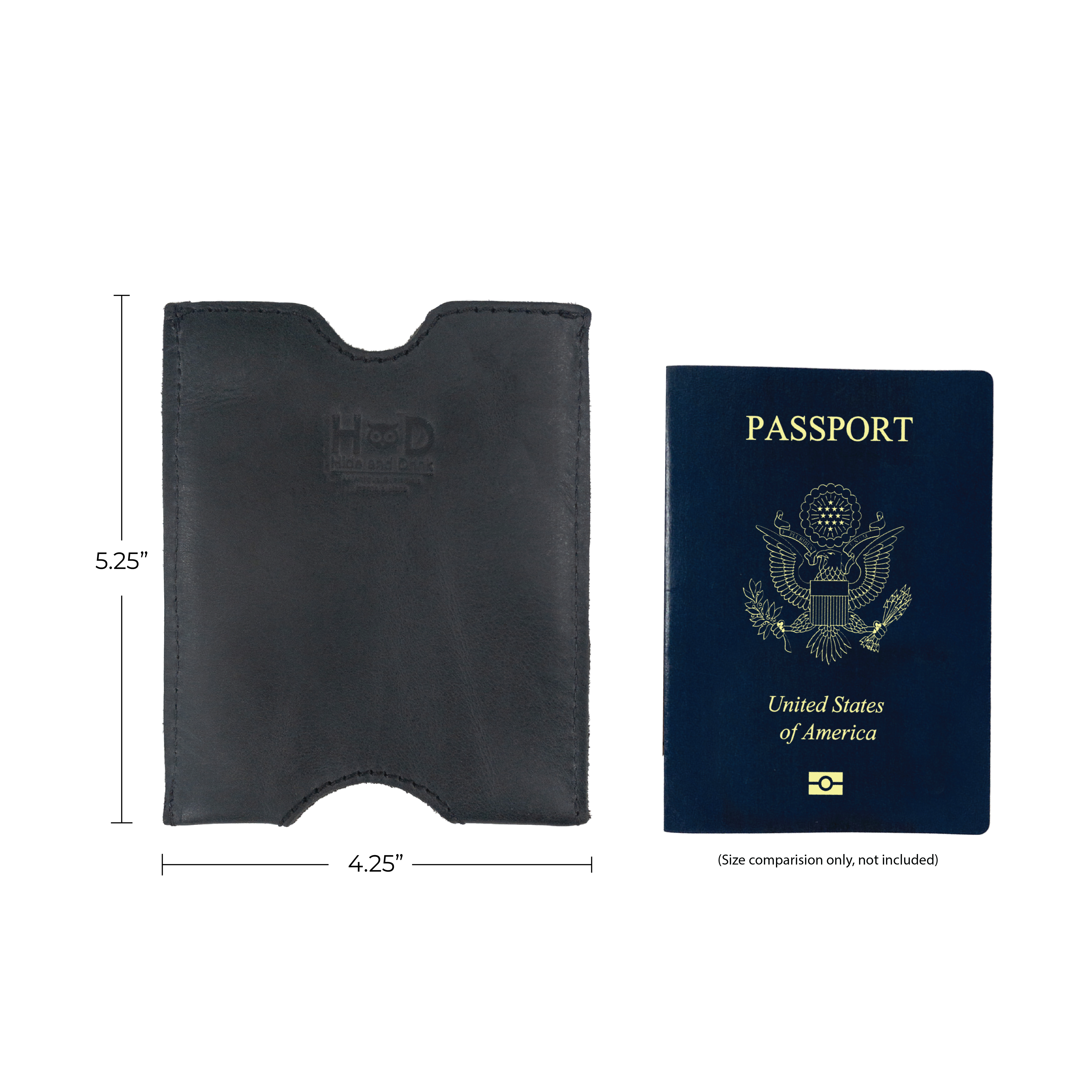 Hide & Drink Passport Sleeve paired with a passport and measurement details. This Travel Passport Pocket Sleeve made from Full Grain Leather reflects artisan craftsmanship through hand cut and sewn techniques, made in La Antigua Guatemala & Oaxaca Mexico.
