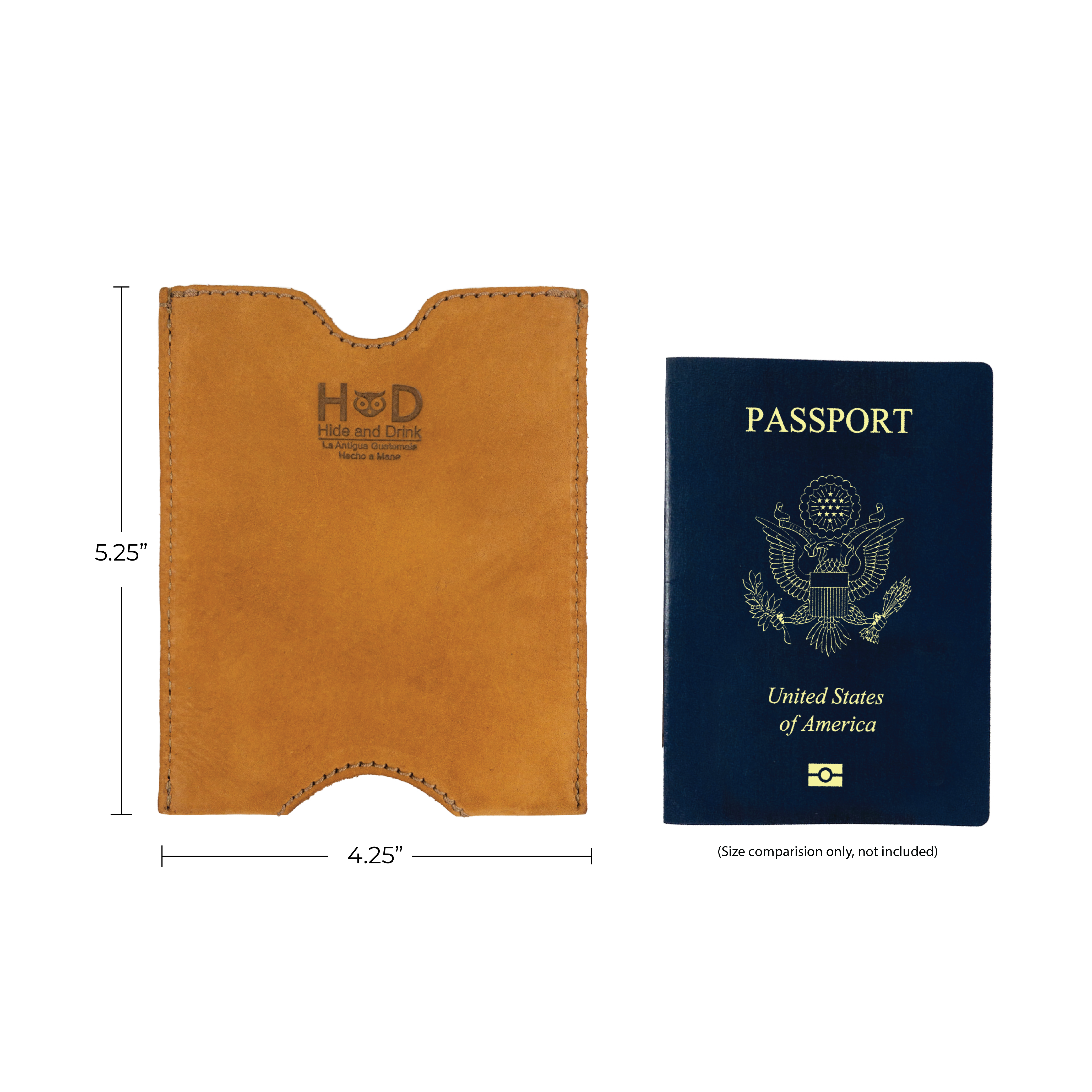 Measurement view of the Hide & Drink Passport Sleeve alongside a United States passport, focusing on its tailored design in Full Grain Leather. This Travel Passport Pocket Sleeve exemplifies the artisan craftsmanship of La Antigua Guatemala & Oaxaca Mexico, emphasizing the hand cut and hand sewn qualities in small batch production.