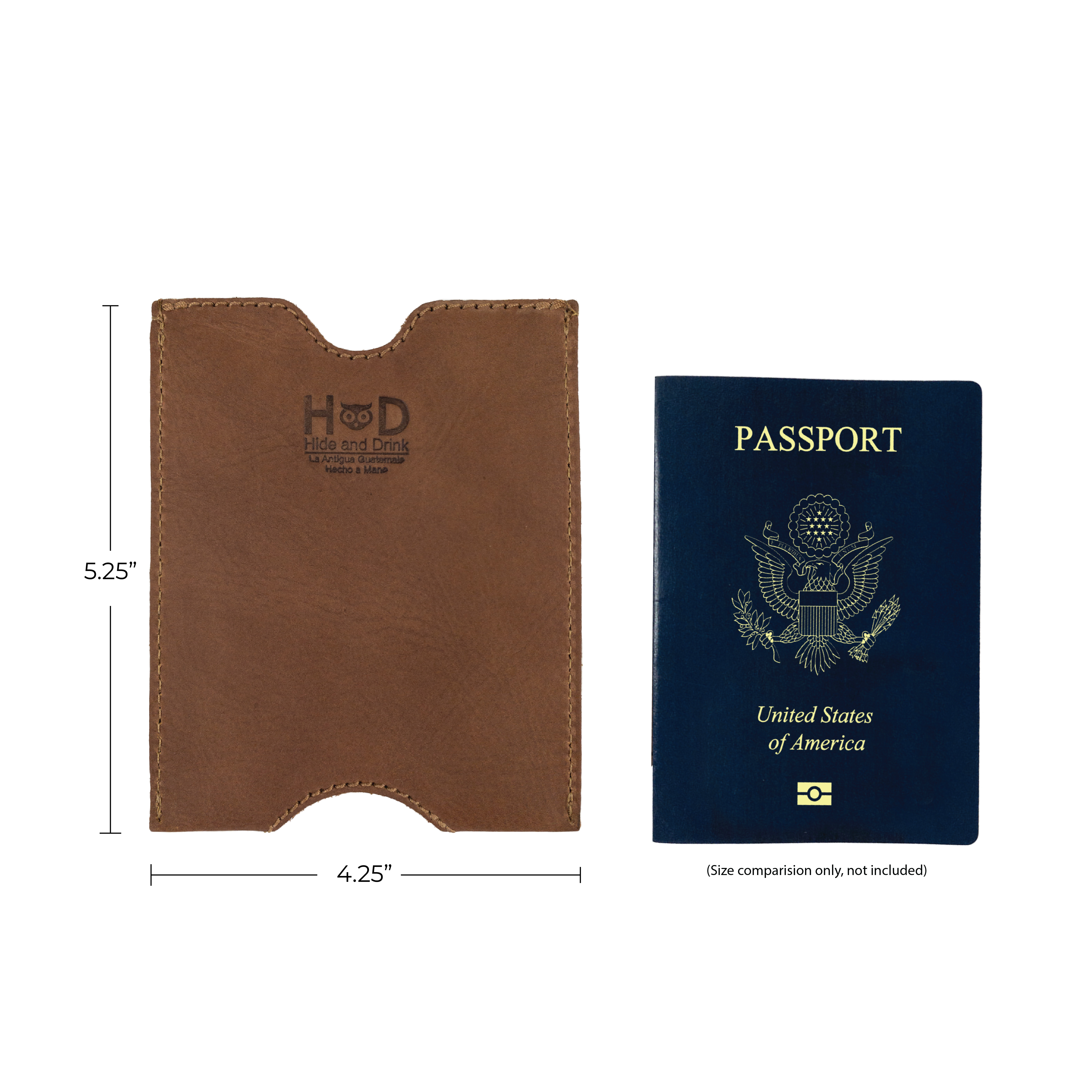 Dimension specifications of the Hide & Drink Passport Sleeve beside a U.S. passport. This full grain leather travel passport pocket sleeve is ideal for keeping your passport organized and secure while traveling. Features tags: Travel Passport Pocket Sleeve, Full Grain Leather, StockyardX, Small Batch Production, Hand Cut, Hand Sewn, Fire Branded, Artisan, Handmade in La Antigua Guatemala & Oaxaca Mexico.