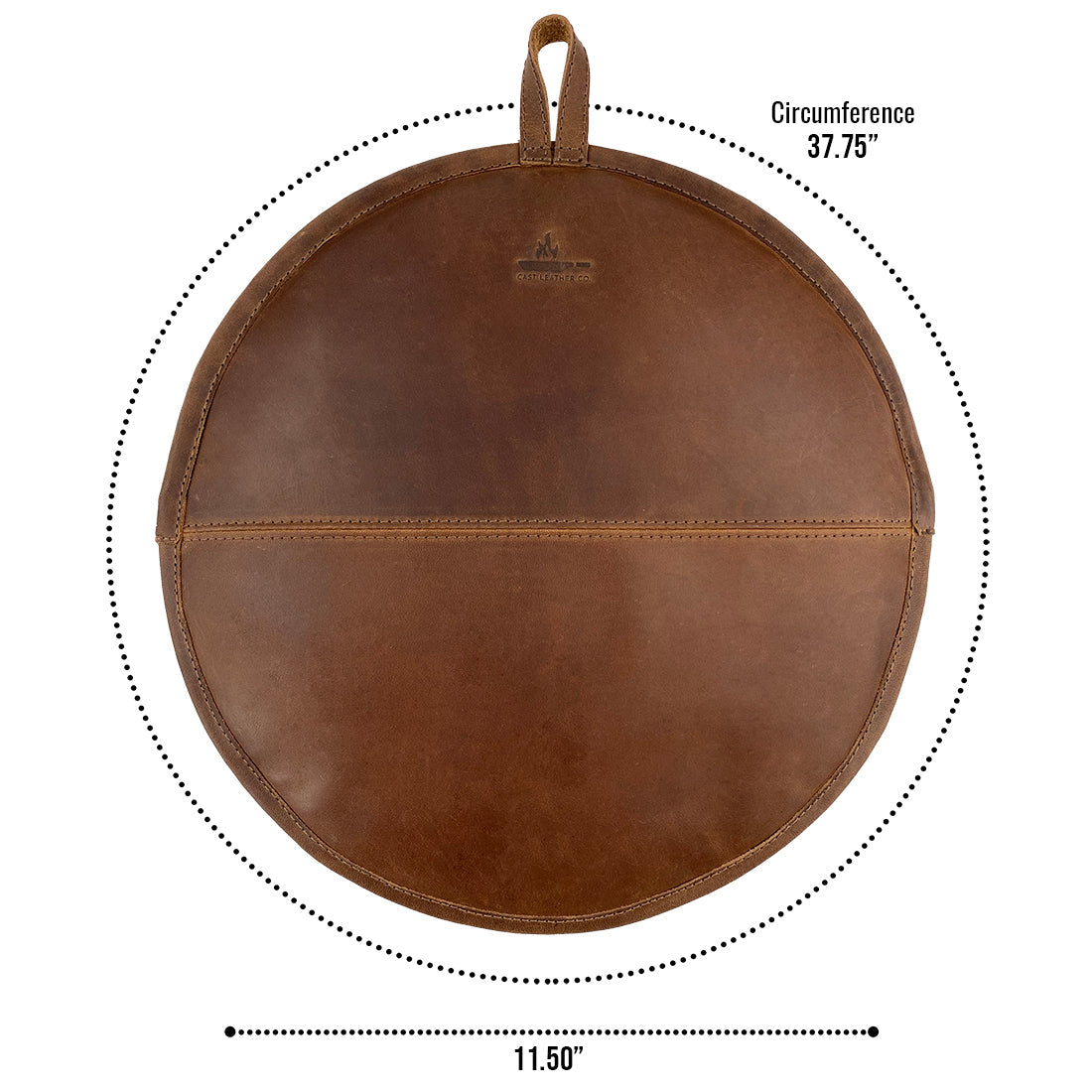 An overhead view of a Tortilla Warmer by Cast Leather Co., demonstrating its impressive dimensions and elegant design. This Tortilla Warmer Pouch acts as a Fabric Tortilla Heater Pouch, made from premium full grain leather and embodies small batch production, hand cut and hand sewn, fire branded by artisans in La Antigua Guatemala & Oaxaca Mexico.