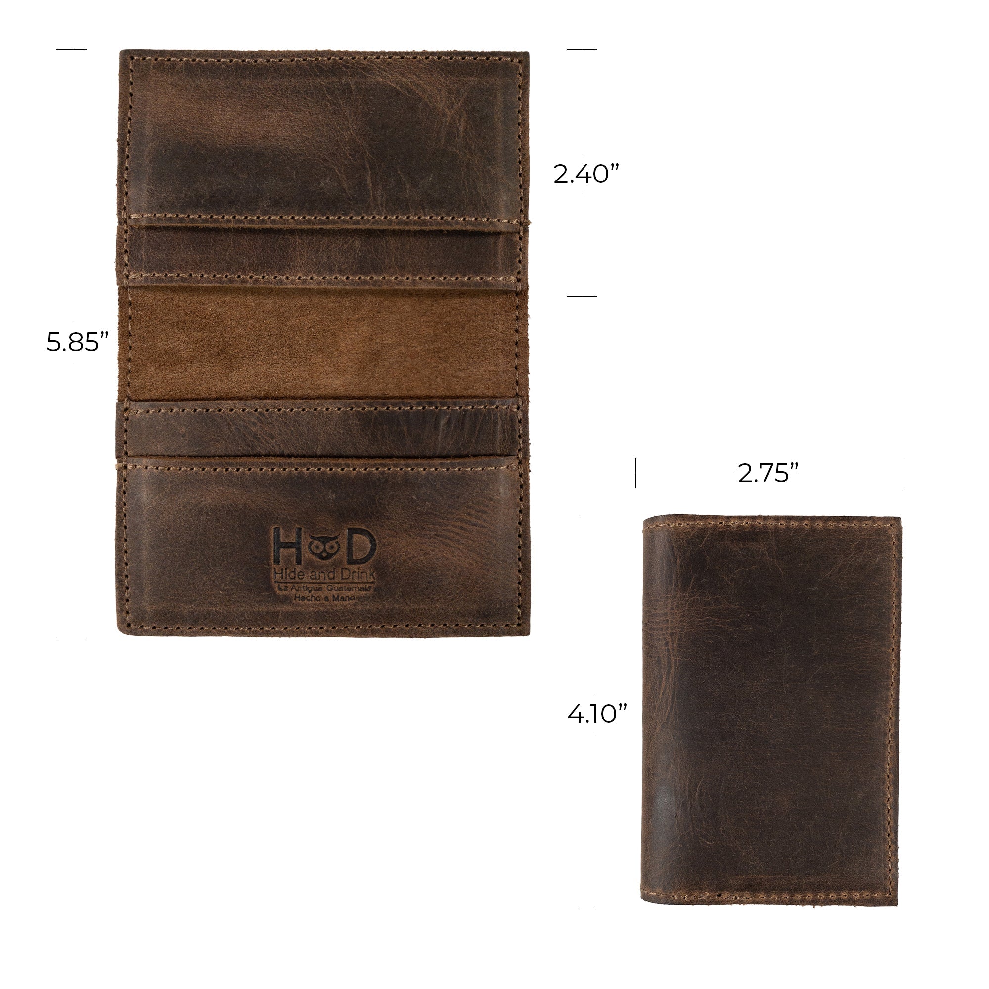 Dimensions of Bifold Horizontal Card Wallet by Hide & Drink, highlighting its compact design suitable for minimalist travel, an organizer crafted to hold cards and cash, made from full grain leather with small batch production, hand cut, hand sewn, fire branded details, reflecting artisan craftsmanship, handmade in La Antigua Guatemala & Oaxaca Mexico.