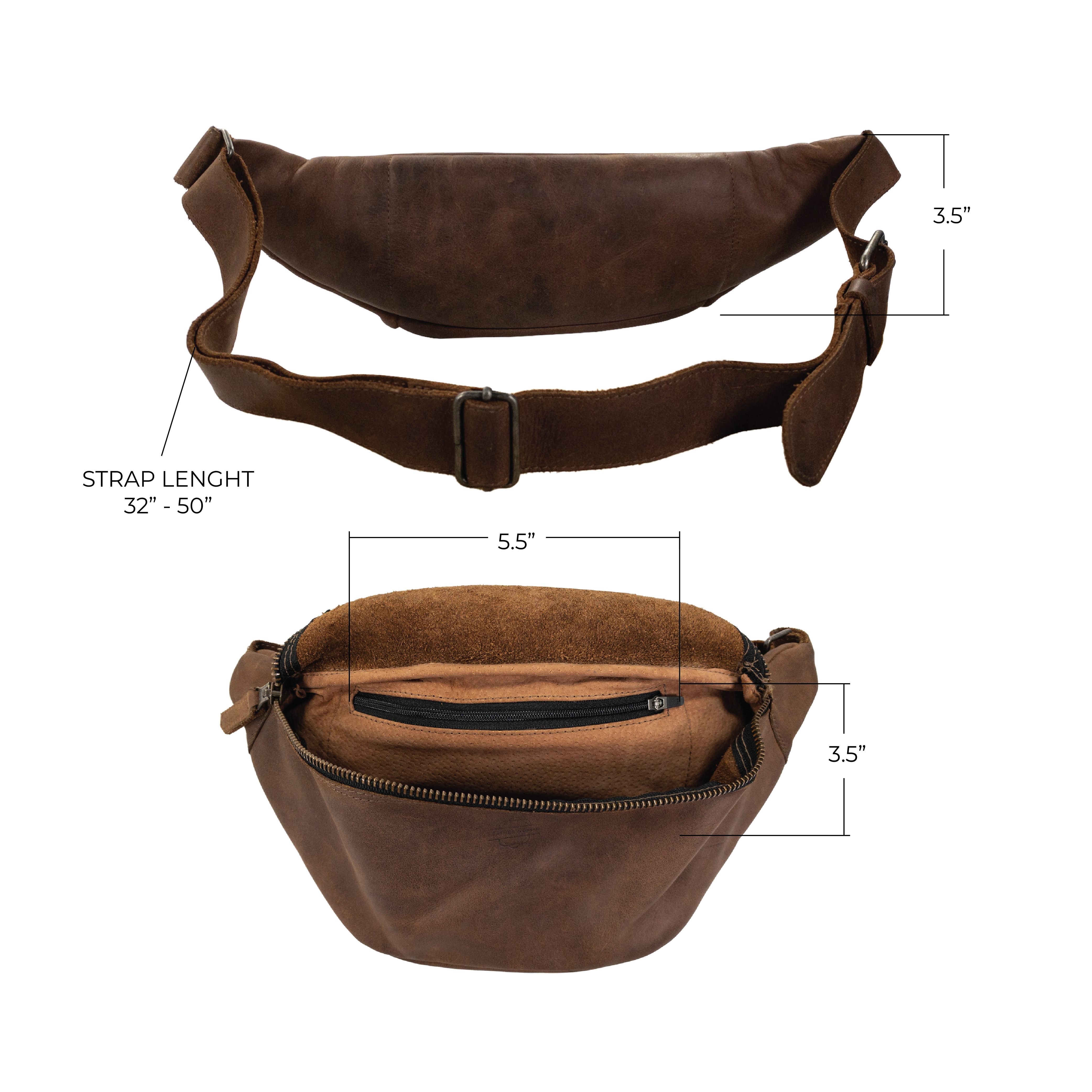 Zippered Fanny Pack by Leather Nomad displayed with card tag. This stylish waist bag is handmade from full grain leather, ideal for storing money and phone during travels. Reflects artisan quality through small batch production, hand cut, and hand sewn details in La Antigua Guatemala.