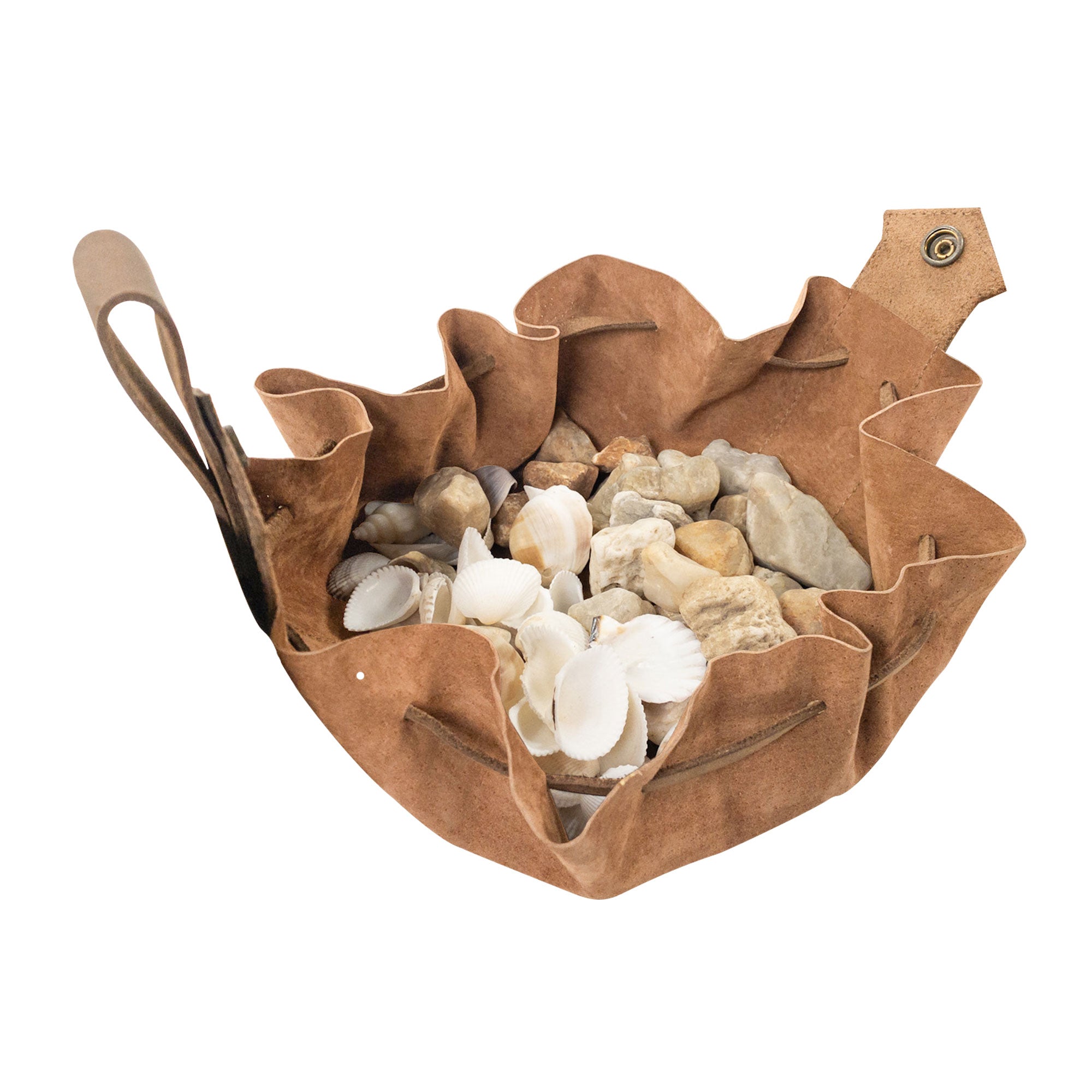 Opened Medieval Drawstring Pouch by Valhalla Gear filled with shells and rocks, highlighting its spacious design, made of Full Grain Leather, reflecting artisan quality, handmade in La Antigua Guatemala & Oaxaca Mexico.
