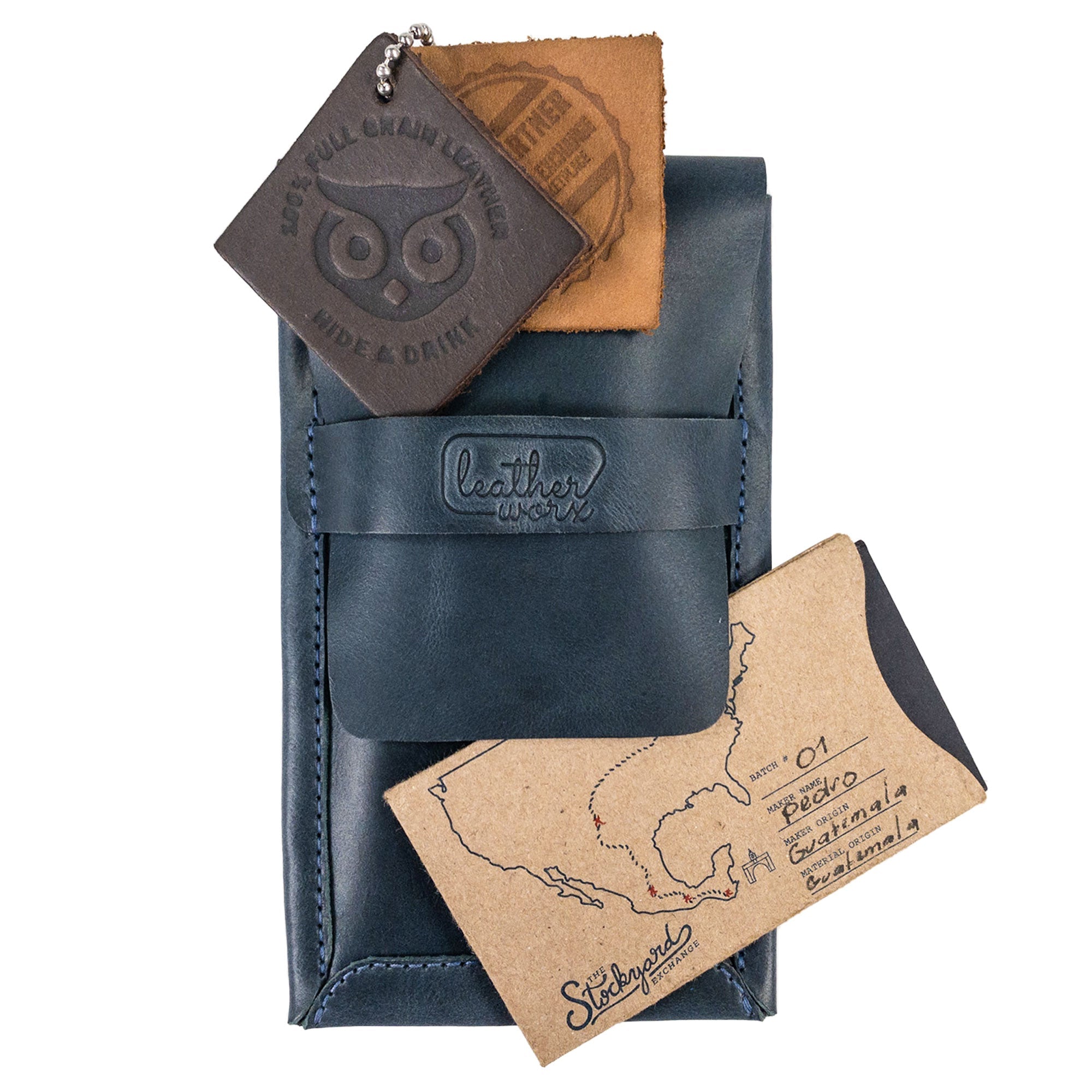 The Leather Worx Double Pen Case displayed with authenticity tags. Made of Full Grain Leather, this handmade artisan product highlights small batch production and hand cut craftsmanship, proudly created in La Antigua Guatemala & Oaxaca Mexico.