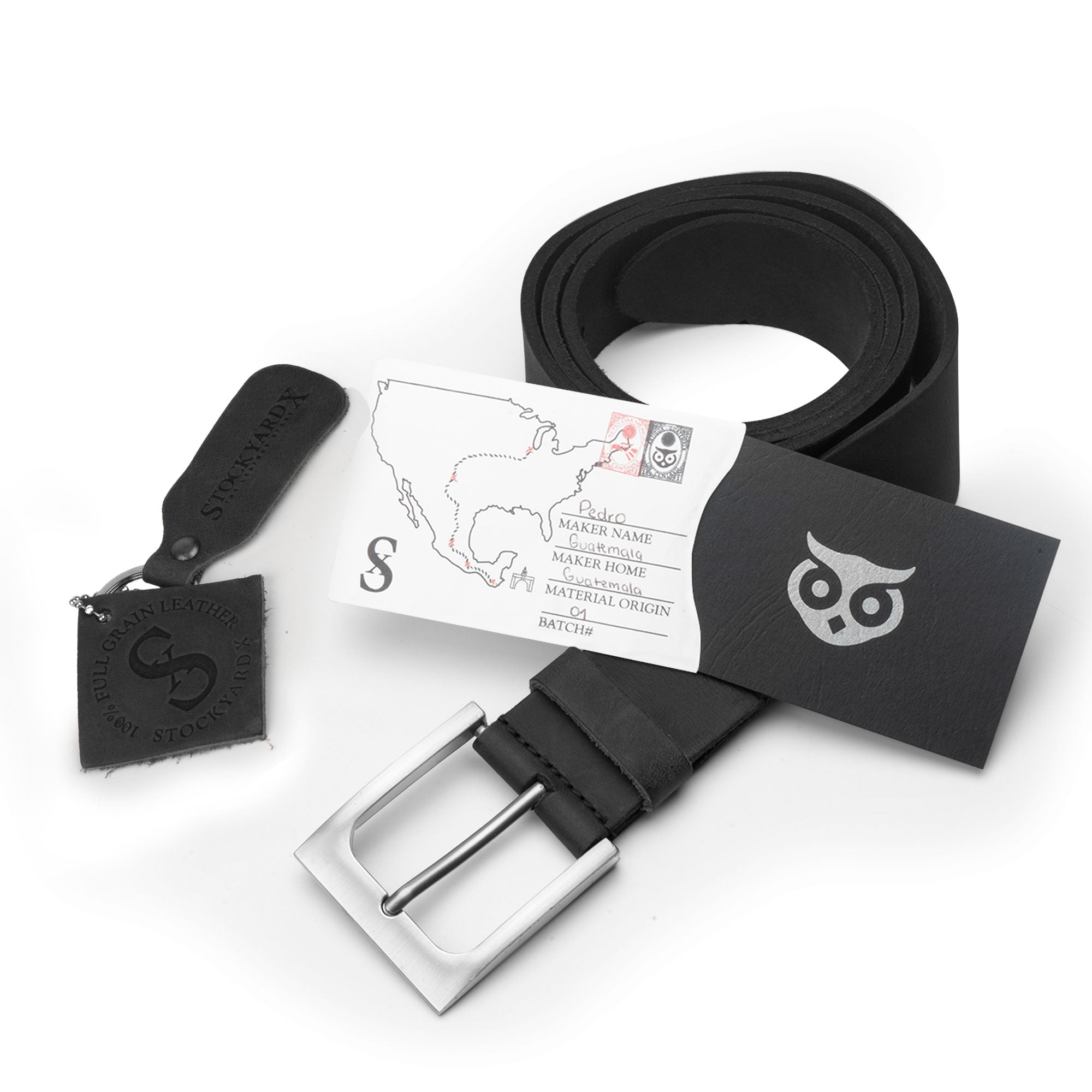 Rustic Leather Belt by Hide & Drink featuring black leather and artisan details, crafted from thick full grain leather with a stylish silver buckle, showcasing handmade quality with small batch production from La Antigua Guatemala.