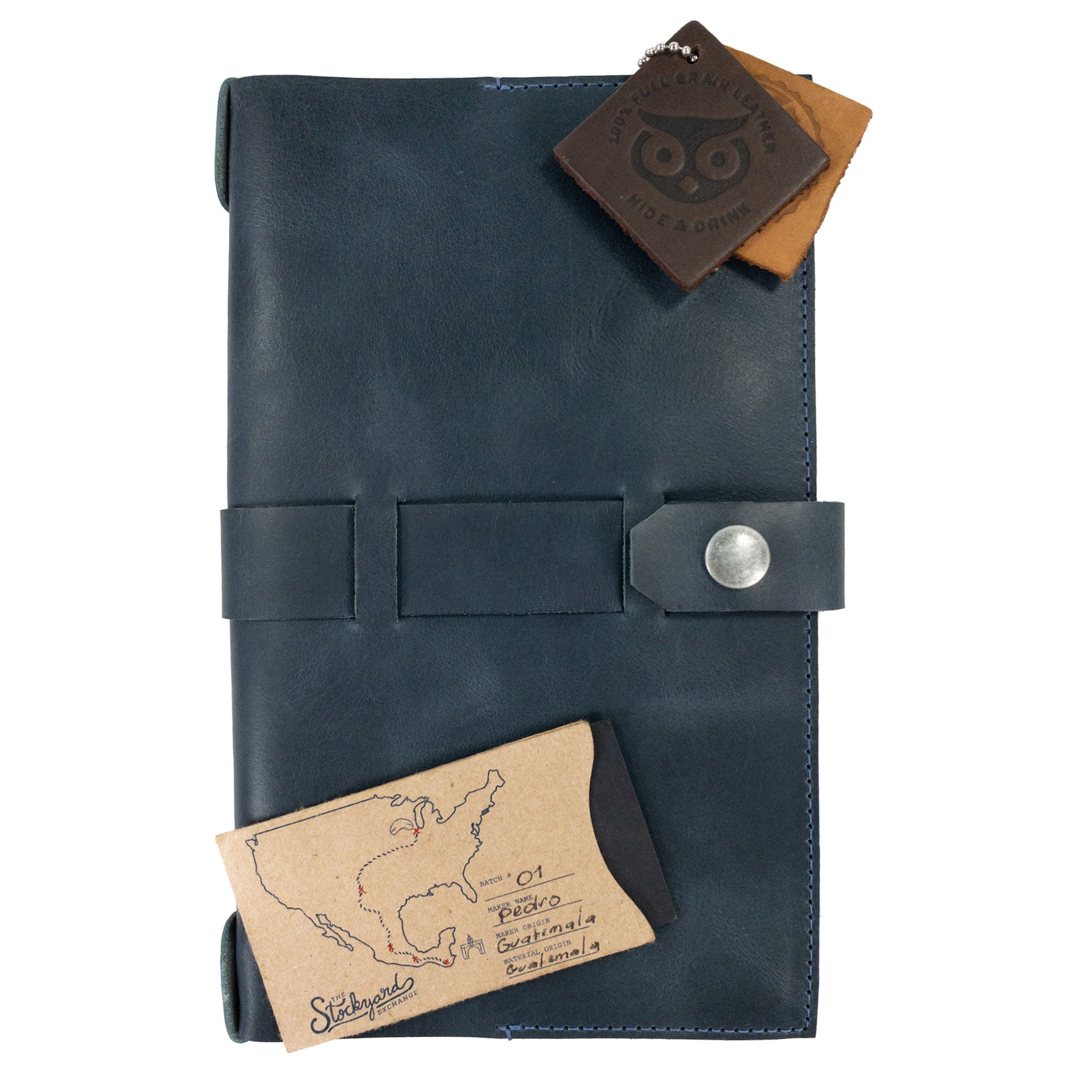 Detailed close-up of Hide & Drink's Riveted Field Note Cover for Moleskine (5 x 8.25 in.) Notebook NOT Included, emphasizing its beautiful brown leather finish. This artisan piece is handcrafted in La Antigua Guatemala & Oaxaca, Mexico, promoting small batch production.