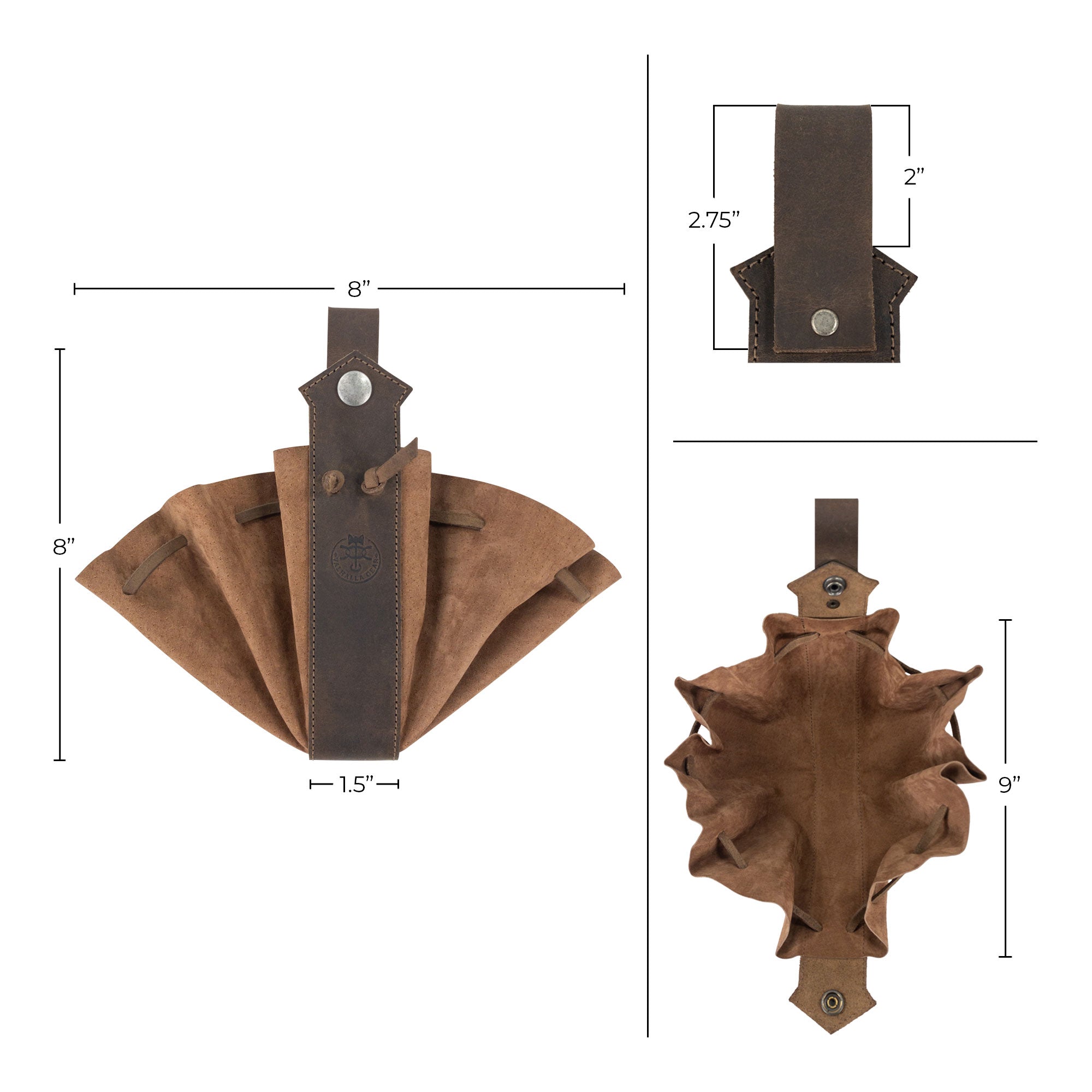 Dimensions and specifications of the Medieval Drawstring Pouch by Valhalla Gear, measuring 8 inches in height and 9 inches in width, crafted from Full Grain Leather, showcasing artisanal work from La Antigua Guatemala & Oaxaca Mexico.