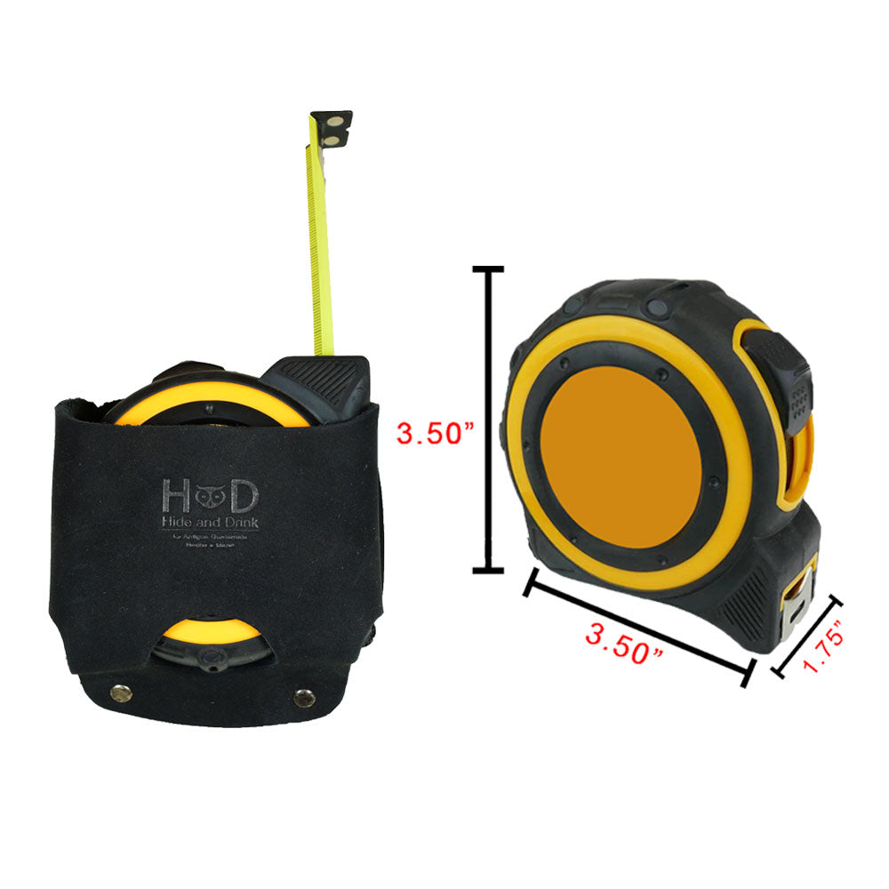 Hide & Drink's Large Tape Holster highlighted next to a Large Tape Measure, showcasing its perfect fit. Ideal for handymen seeking reliability and craftsmanship in their tools.