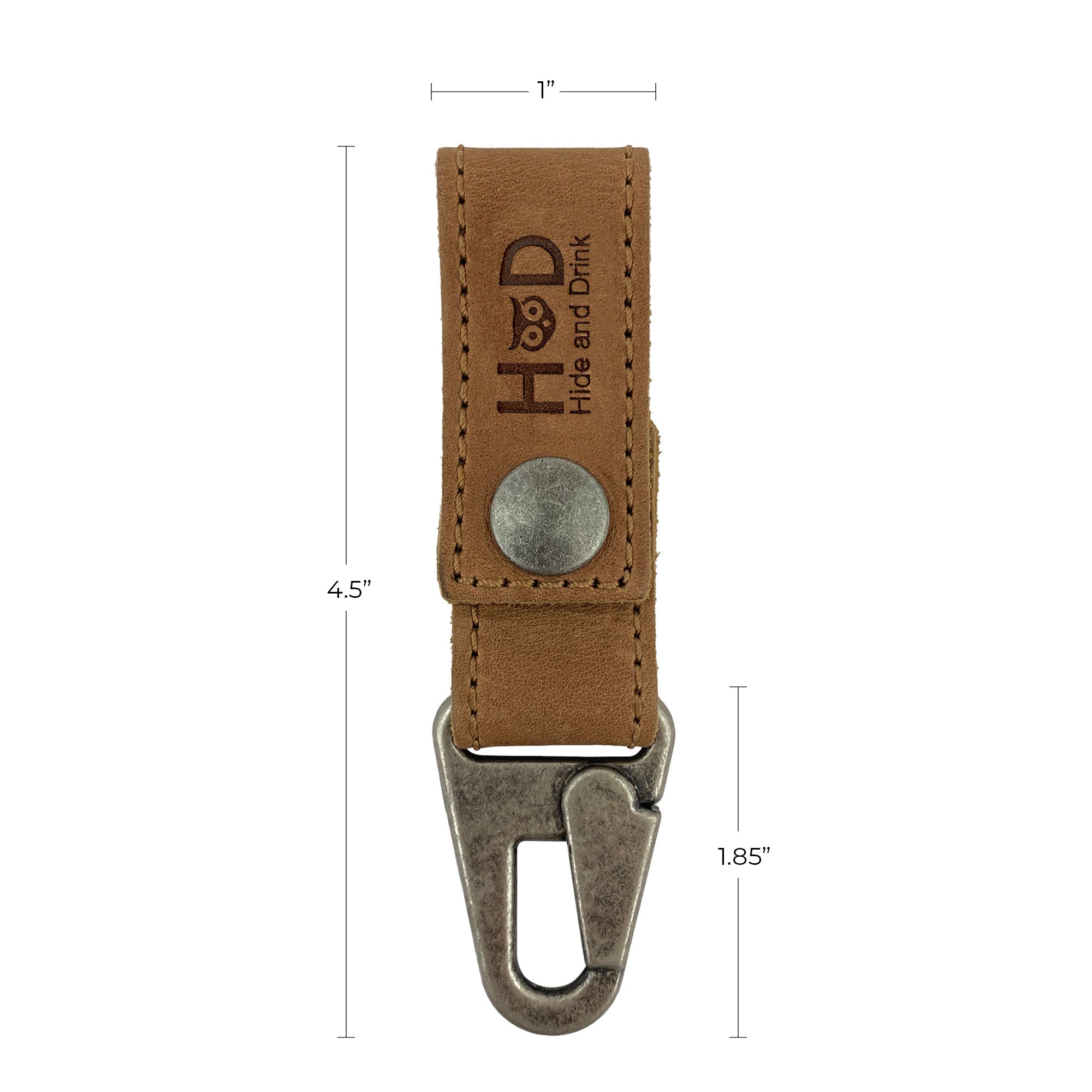 Dimensions of the Hide & Drink Key Ring Holder shown prominently, showcasing its unique design in Full Grain Leather. This Key Ring Holder embodies Small Batch Production and Artisan techniques, Hand Cut and Hand Sewn in La Antigua Guatemala & Oaxaca Mexico.