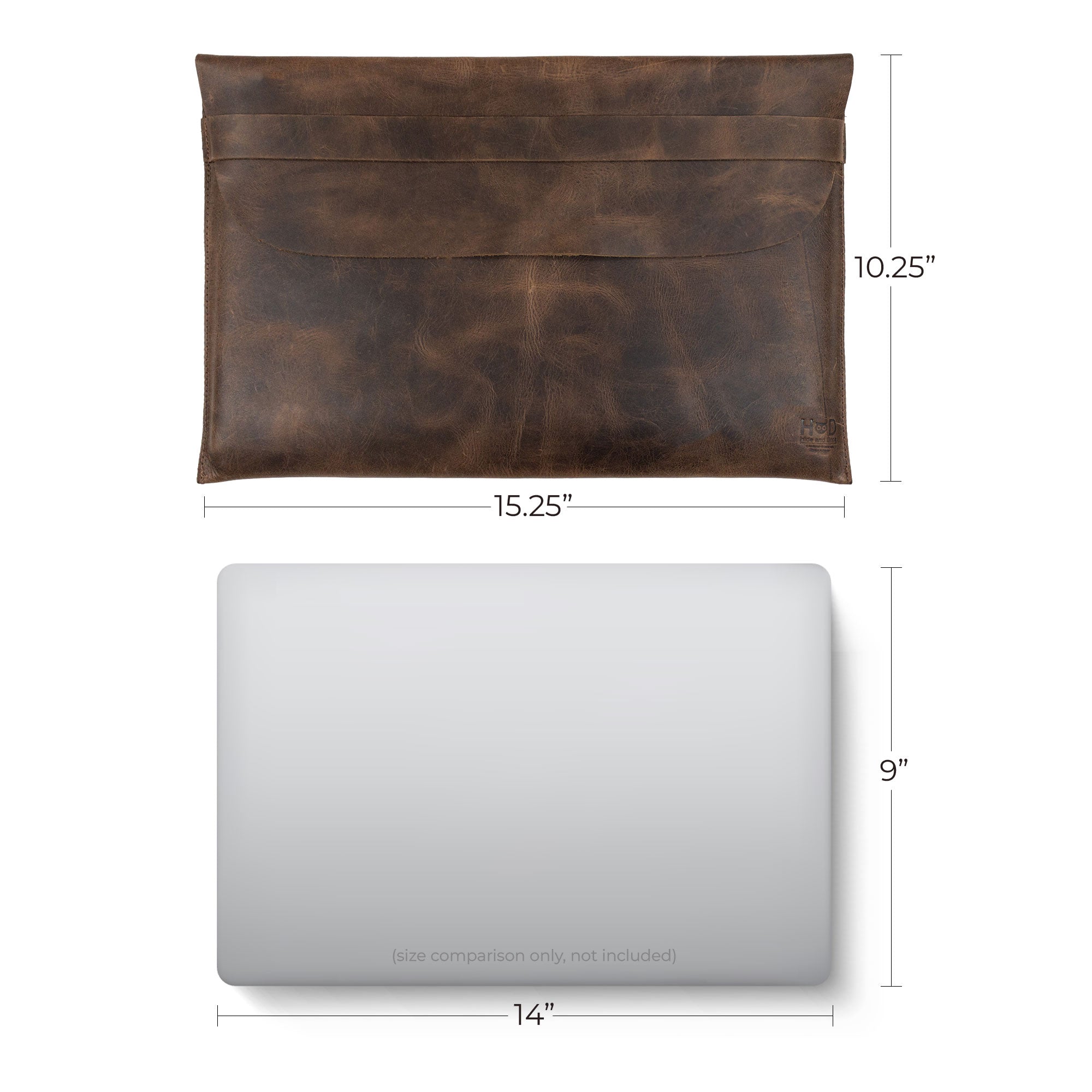 Dimensions of the Hide & Drink MacBook Slim Case displayed alongside a MacBook for size reference. This case fits MacBook Air/Pro 13 Inch with M1 Chip, emphasizing its artisan craftsmanship with full grain leather and details like hand cut and hand sewn finishes.