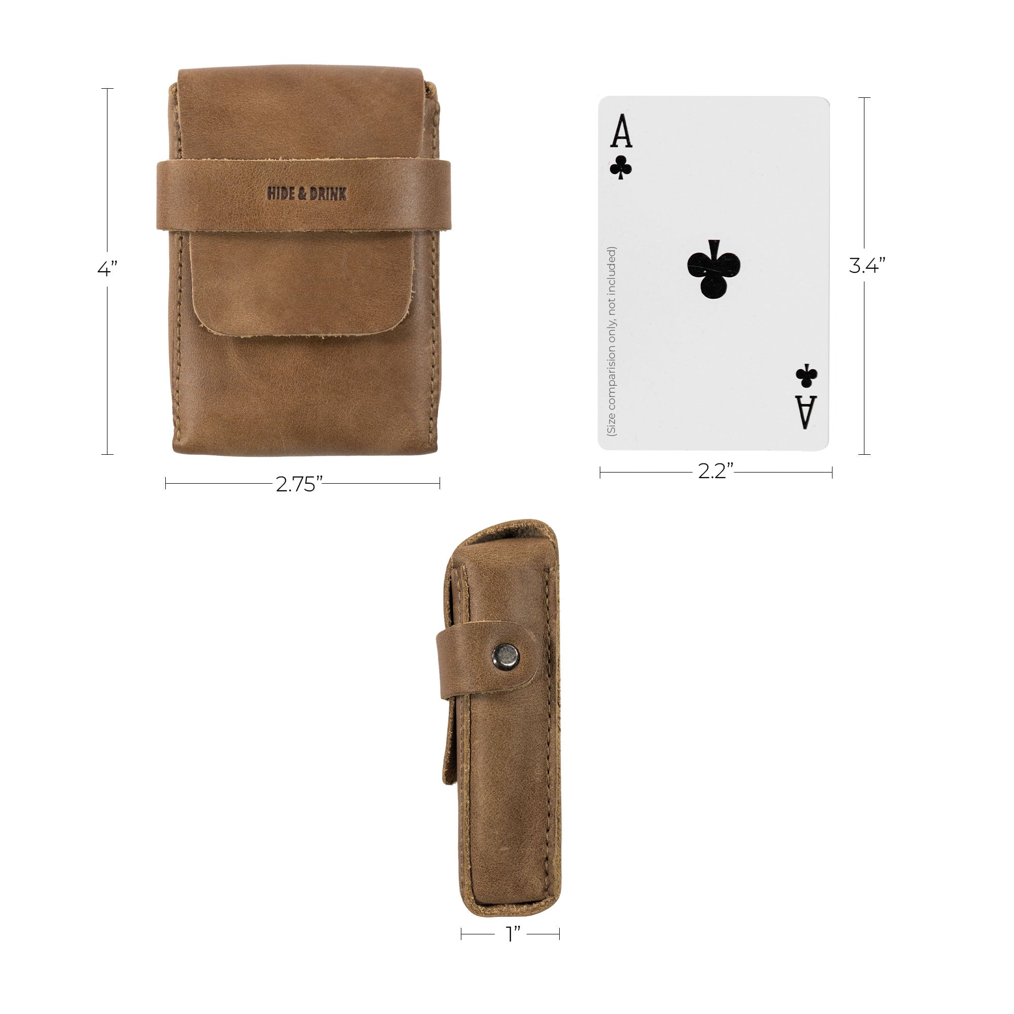 Dimensions of Hide & Drink's brown Playing Card Case shown with an Ace of spades card. This travel accessory serves as a classic case for playing cards (not included), ensuring secure and durable storage in full grain leather, highlighting artisan quality from StockyardX.