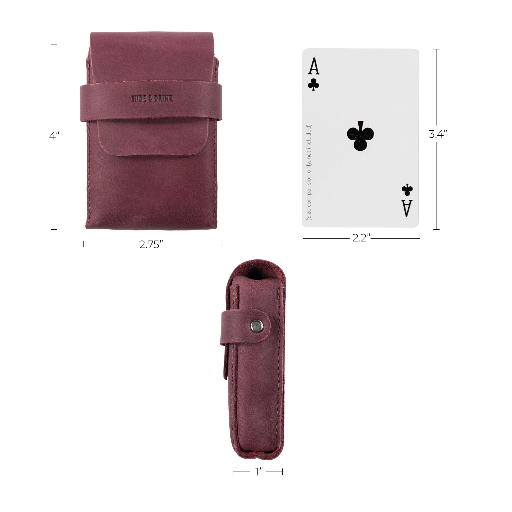 Dimensions of Hide & Drink's burgundy Playing Card Case displayed with an Ace of spades card for reference. This classic case for playing cards (not included) offers secure storage and is made of durable full grain leather, handcrafted with pride by artisans in La Antigua Guatemala.