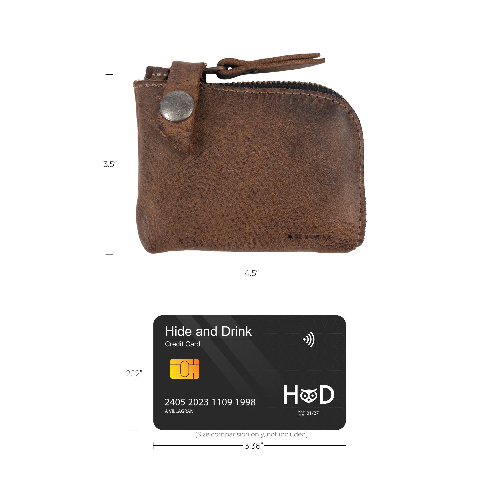 Lion's Mane Zippered Wallet by Hide & Drink with size comparison to a credit card. This handmade wallet is a brilliant small batch production piece, perfect for holding up to 6 cards and folded bills.