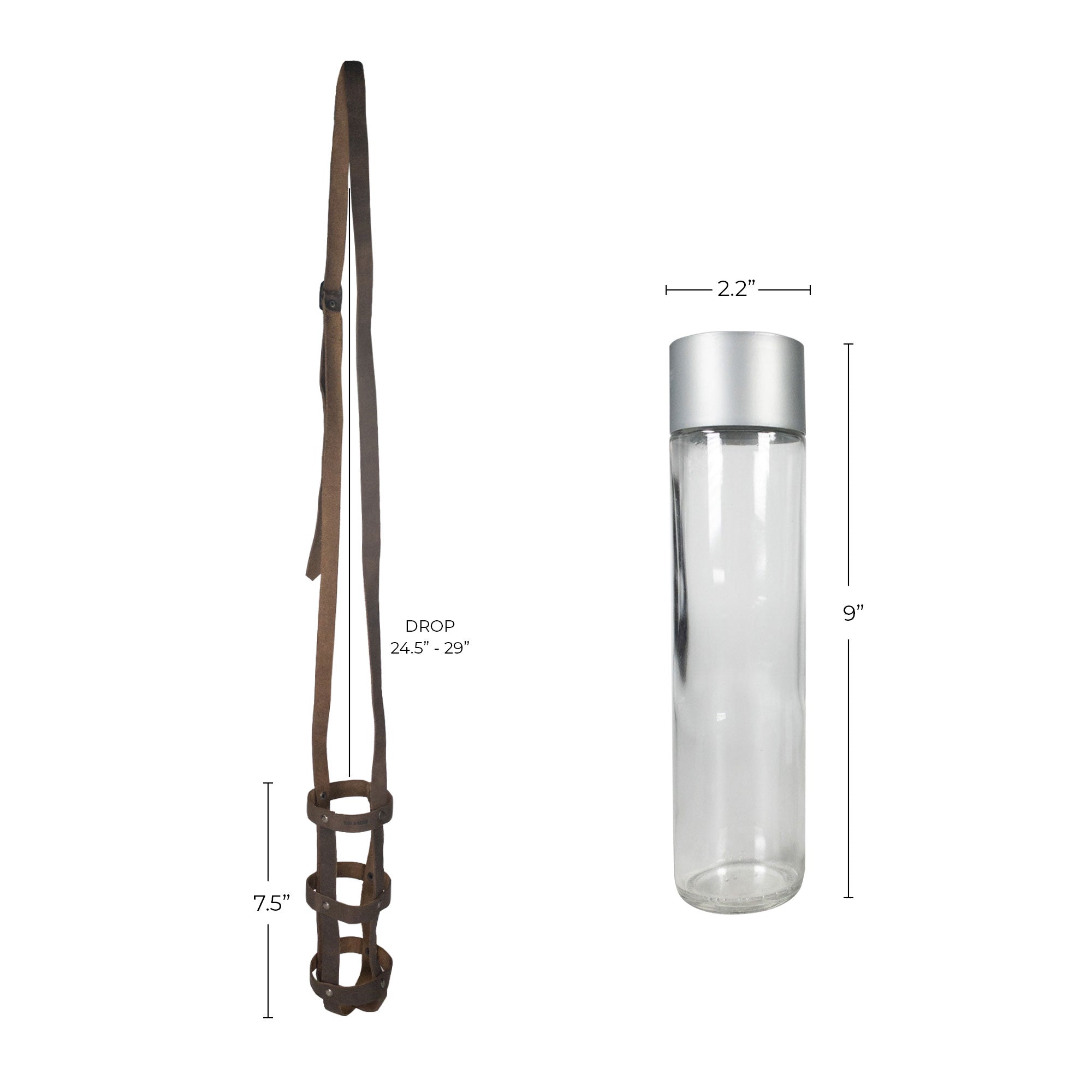 A comparison of the dimensions of the Hide & Drink Riveted Bottle Carrier (Bottle Included), highlighting its size and design. This full grain leather travel accessory is made through small batch production by skilled artisans, ensuring quality with every hand cut, hand sewn, and fire branded piece made in La Antigua Guatemala & Oaxaca Mexico.