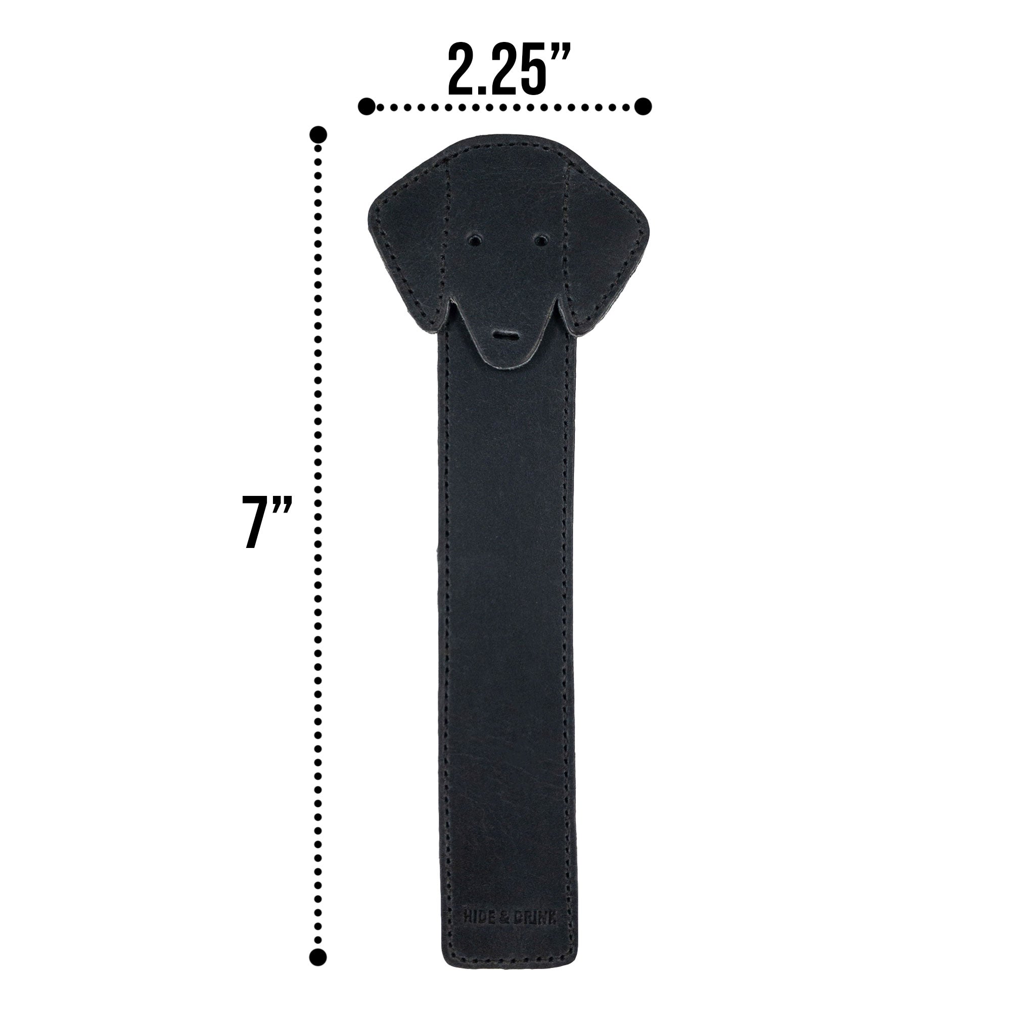 Hide & Drink's dimensions of the black Dog Bookmark emphasizing its Full Grain Leather material. This handcrafted bookmark showcases artisan details through small batch production and fire branding, made in La Antigua Guatemala & Oaxaca Mexico.