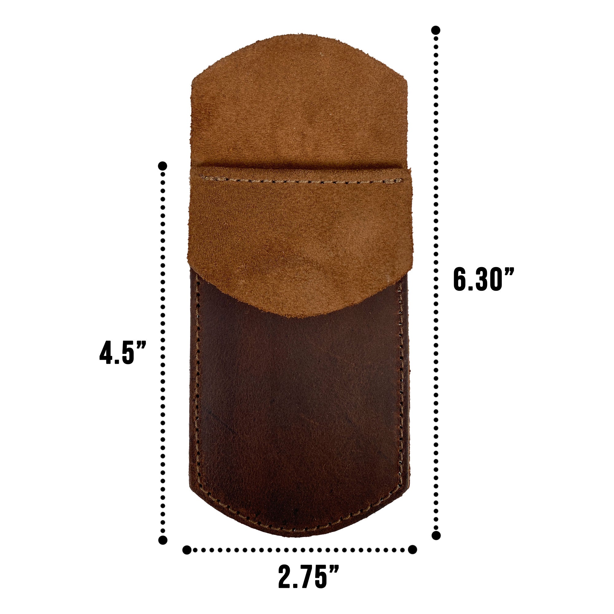 Detailed image of the Heavy Duty Hide Pen Pocket with dimensions displayed. This stylish pen holder, made from full grain leather, is perfect for everyday use as a pocket protector. Ideal for lab coats, backpacks, and office essentials, this artisan-made product from La Antigua Guatemala showcases the quality and craftsmanship of StockyardX.