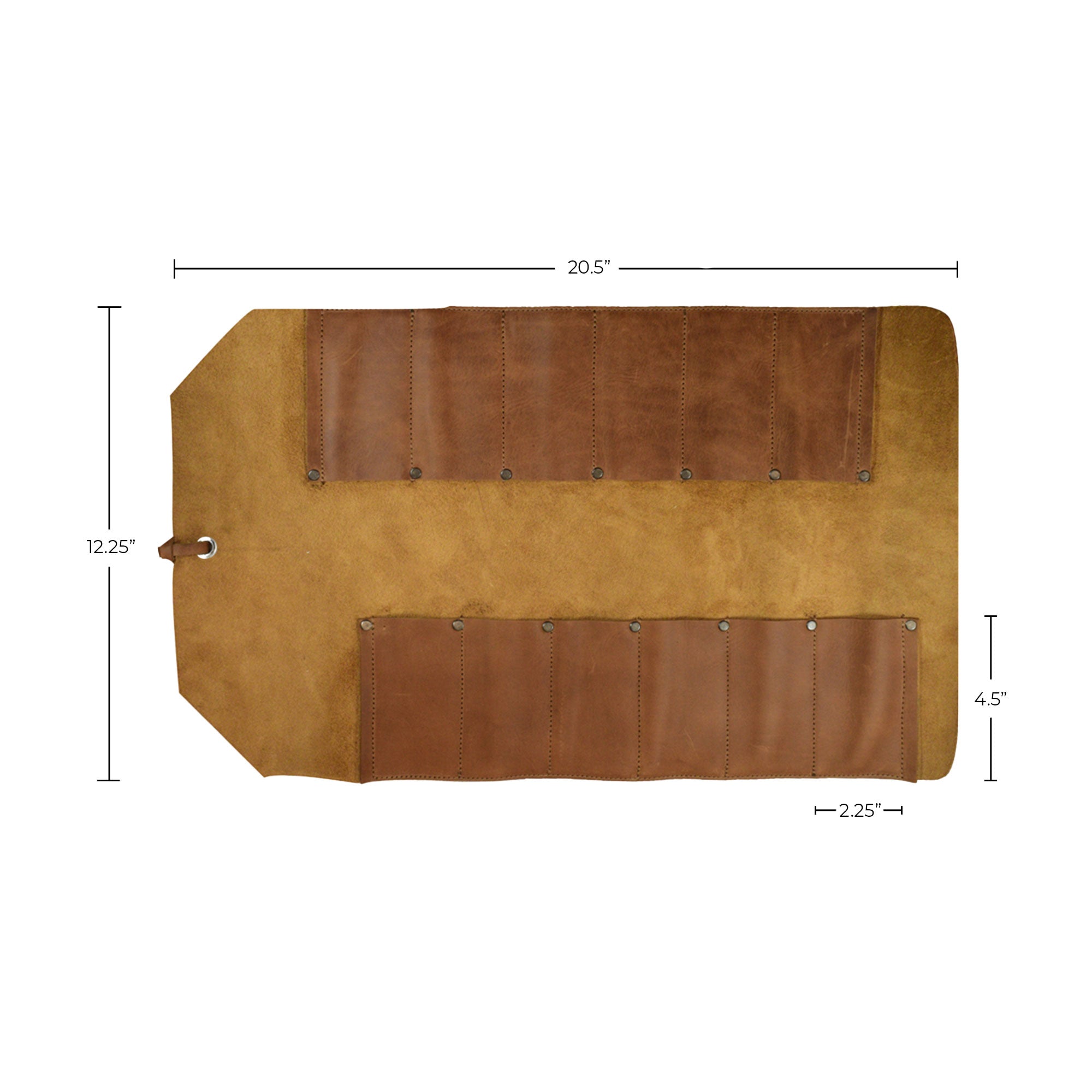 Hide & Drink Tool Roll (12 Pockets): An organized view of the leather tool roll revealing its spacious design, suitable for various hand tools and accessories. Tool Bag Roll Up, 12 Slot Heavy Duty Tool Roll Bag Organizer, Tool Roll Up Bag, Portable Tool Wrap Roll Bags for Travel, Durable Tool Kit Folding Tool Pouch Roll Up Mechanic Gifts for Men, Full Grain Leather, StockyardX, Small Batch Production, Hand Cut, Hand Sewn, Fire Branded, Artisan, Handmade in La Antigua Guatemala & Oaxaca Mexico.