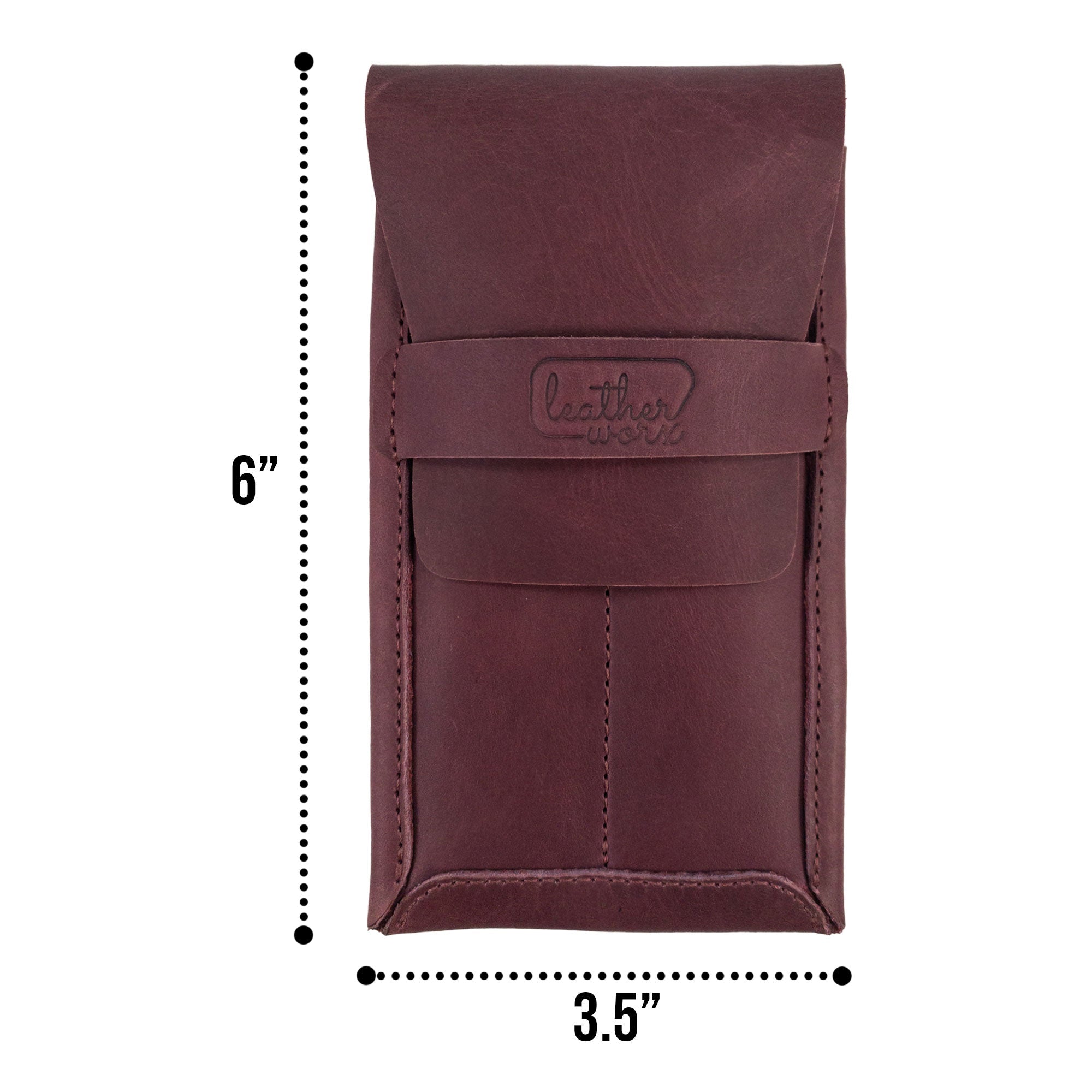 Showcasing dimensions, this Double Pen Case by Leather Worx is made from Full Grain Leather and emphasizes the quality of small batch production. Hand cut and hand sewn, this artisan product is fire branded and proudly crafted in La Antigua Guatemala.